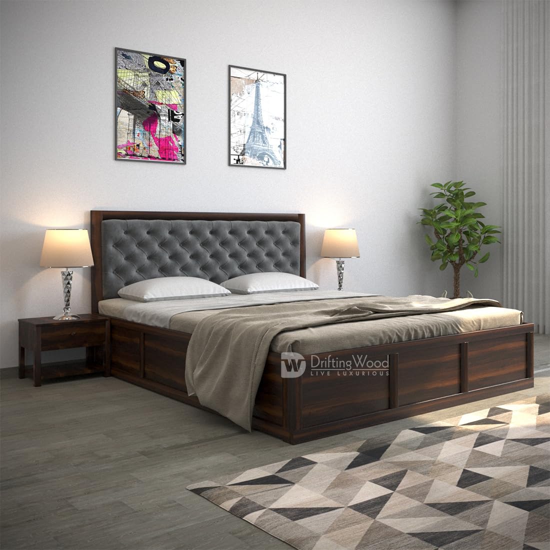 Driftingwood Dolvi Solid Sheesham Wood King Size Bed With Storage | Wooden Double Bed Cot Bed With Box Storage & Upholstered Gre