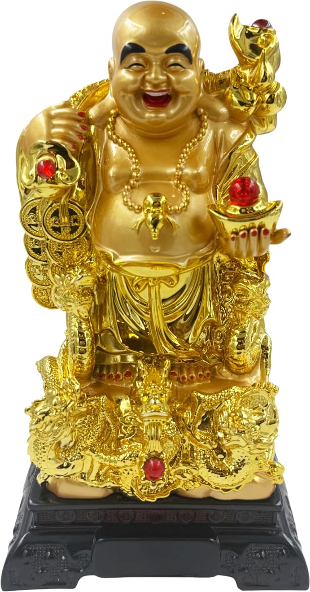 Saubhagya Global Polyresin Golden Set Of 1 Happy Man Standing On Big Ingot With Two Fish, Large Size, Height-24Cm For Office Dec