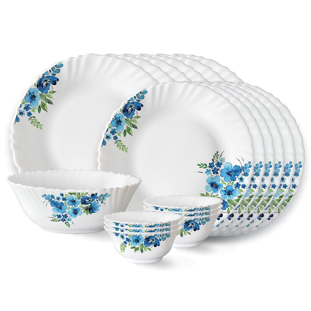 Larah By Borosil Pansy Fluted Series Opalware Dinner Set | 19 Pieces For Family Of 6 | Microwave & Dishwasher Safe | BoneAsh Fr