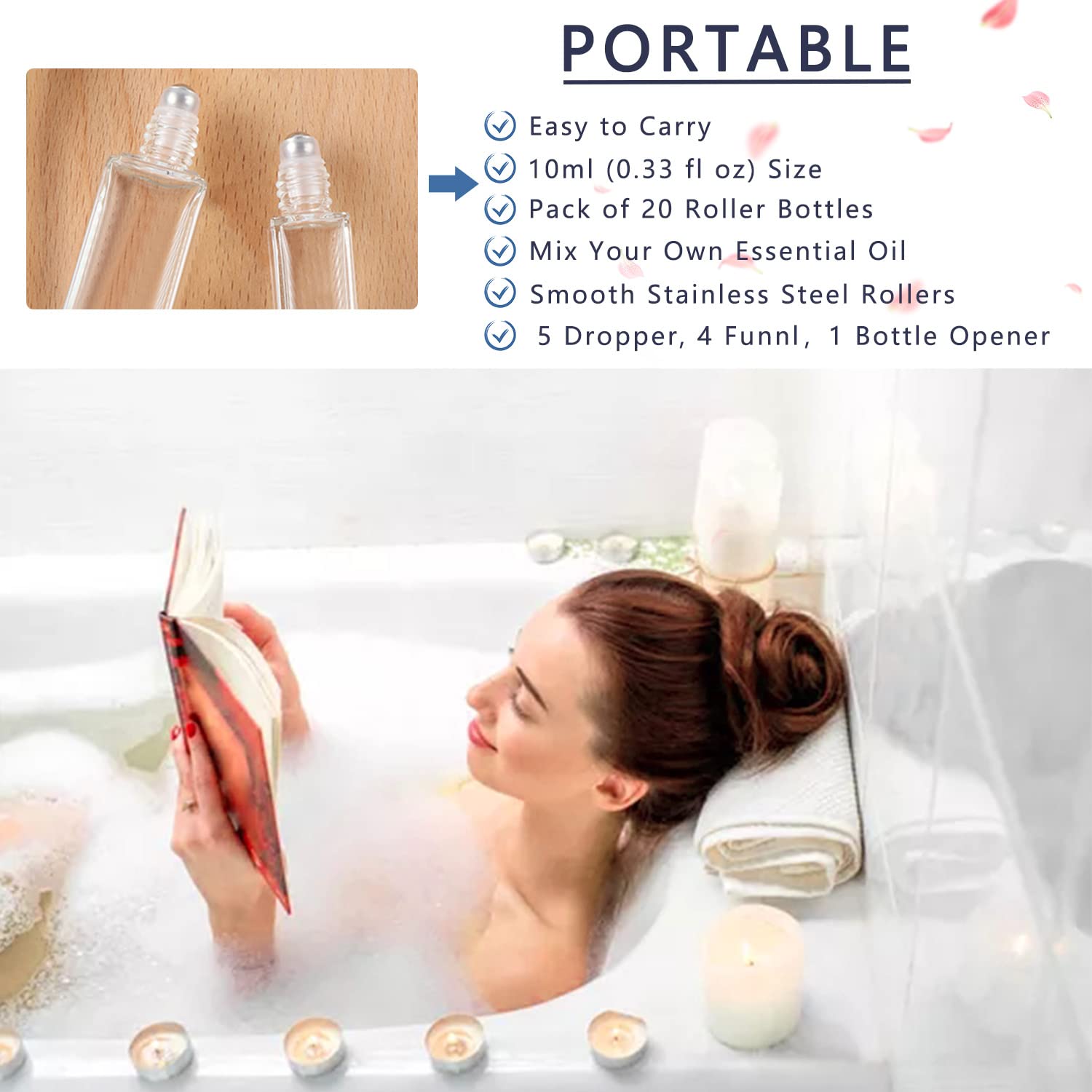 Wifreo 20Pcs 10Ml Glass Roll On Bottle For Essential Oils, Eco-Friendly Refillable Clear Perfume Sample Bottles With Stainless S
