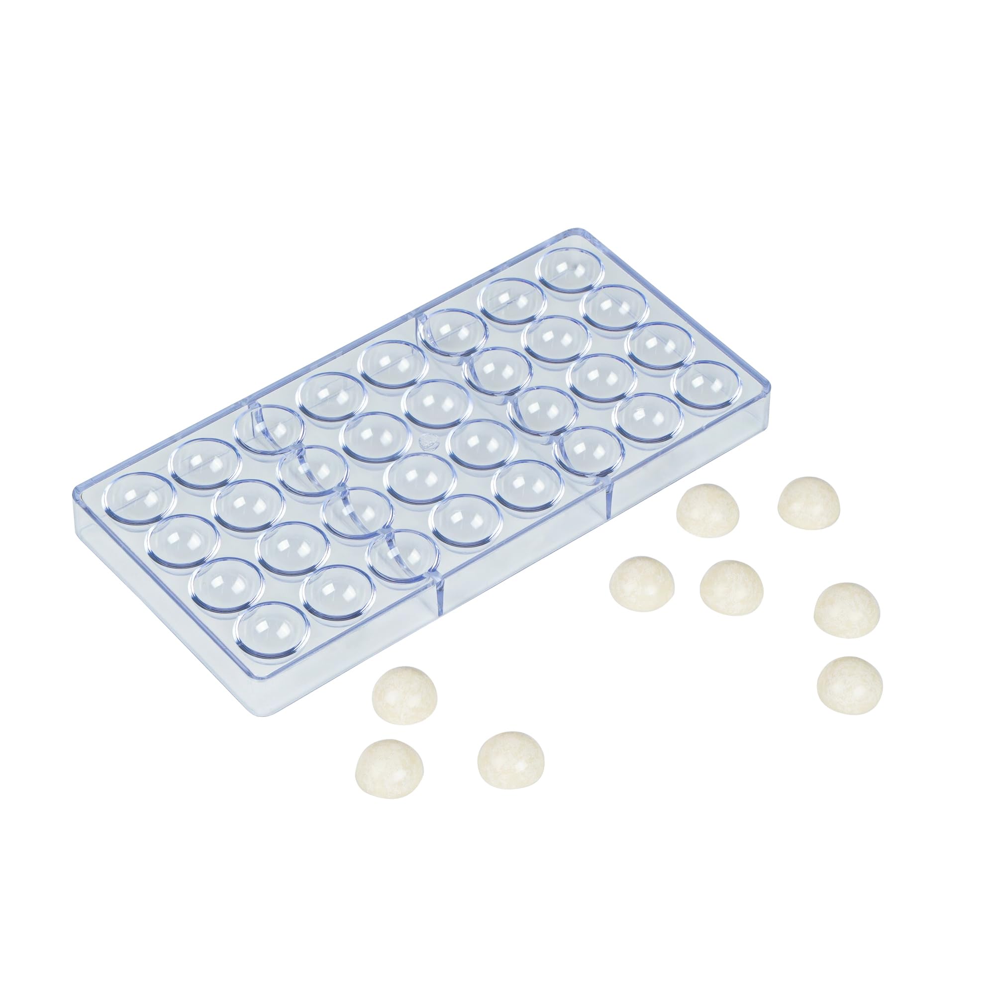 Pastry Tek 10.8 x 5.3 Inch Chocolate Shaping Mold, 1 Freezable Candy Mold - 32 Cavities, Half-Sphere, Clear Polycarbonate Chocol