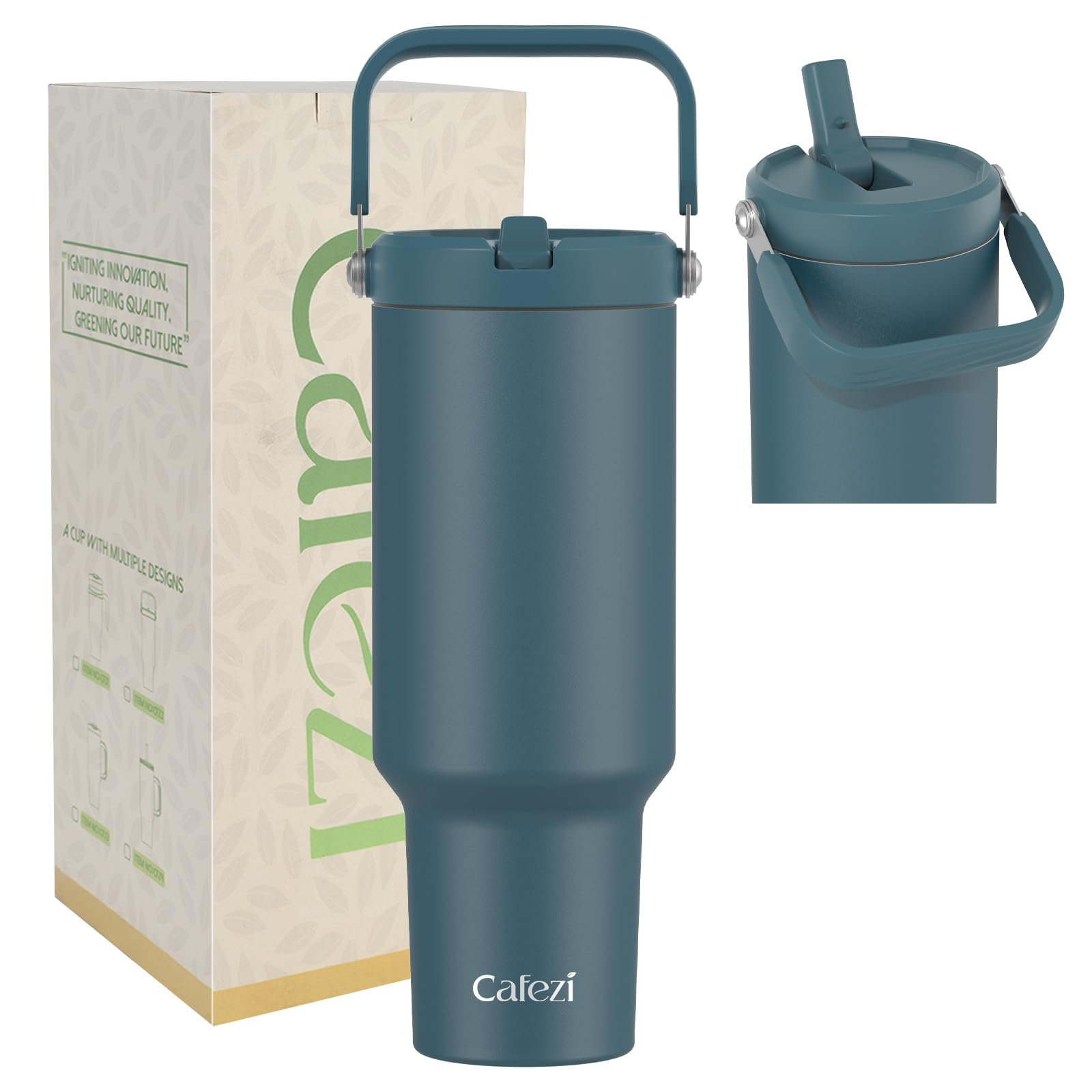 Cafezi 40 oz Insulated Tumbler with Top Handle and Flip Straw, Vacuum Insulated Stainless Steel Cup with Leak-Proof Lid, Sweat-F