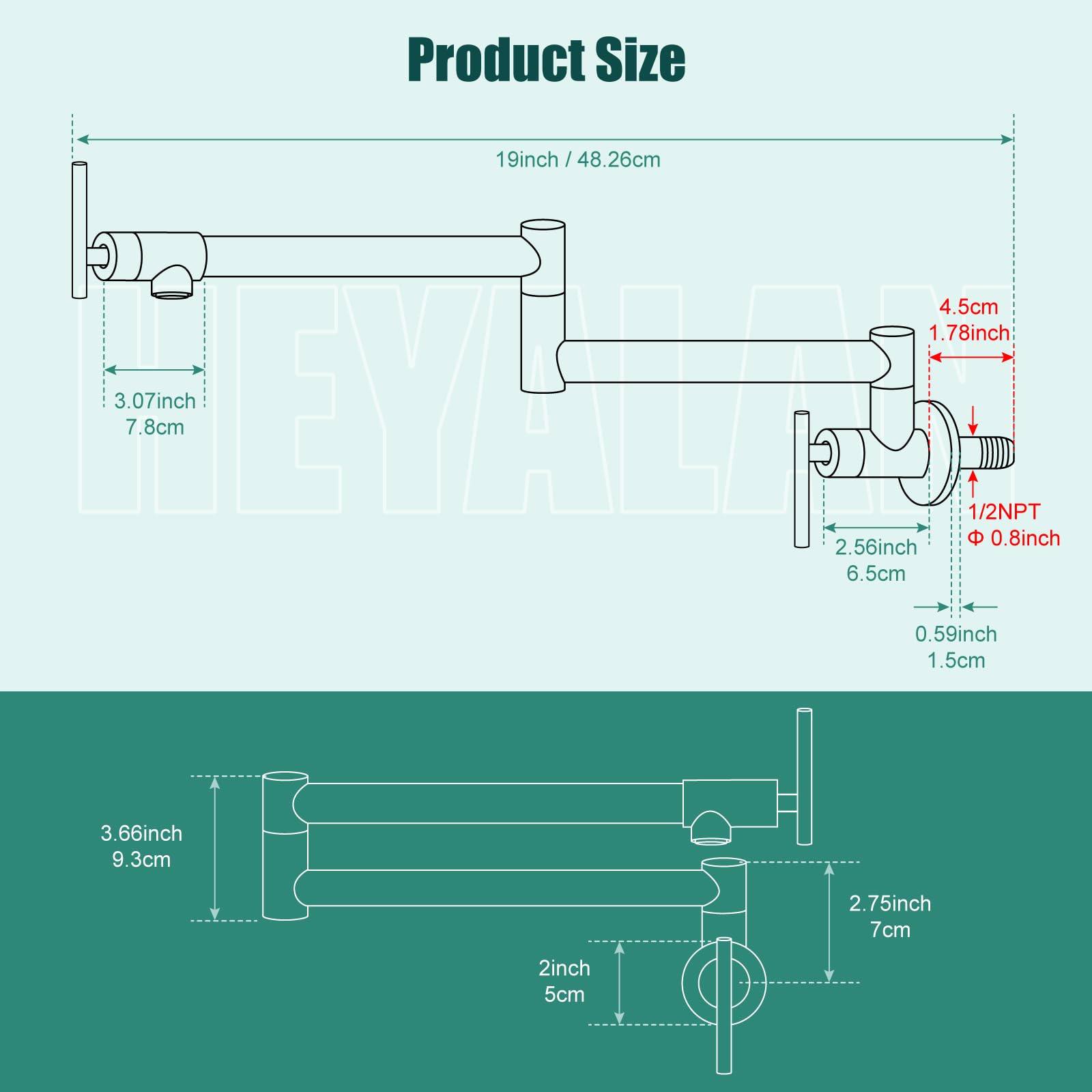 Heyalan Pot Filler Faucet Wall Mounted Stainless Steel 19 Inch 304 Brushed Nickel Double Joint Swing Folding Arms with Two Handles Single Hole Commercial Kitchen Faucet Control Water