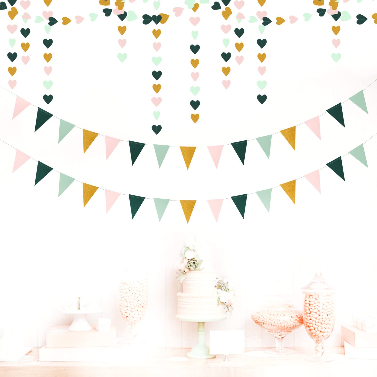 Sage-Green Mint Pink-Gold Love-Heart Garland - 52Ft Rustic Wedding Hanging Decoration Streamers Banner,Valentines Mothers Day Ba