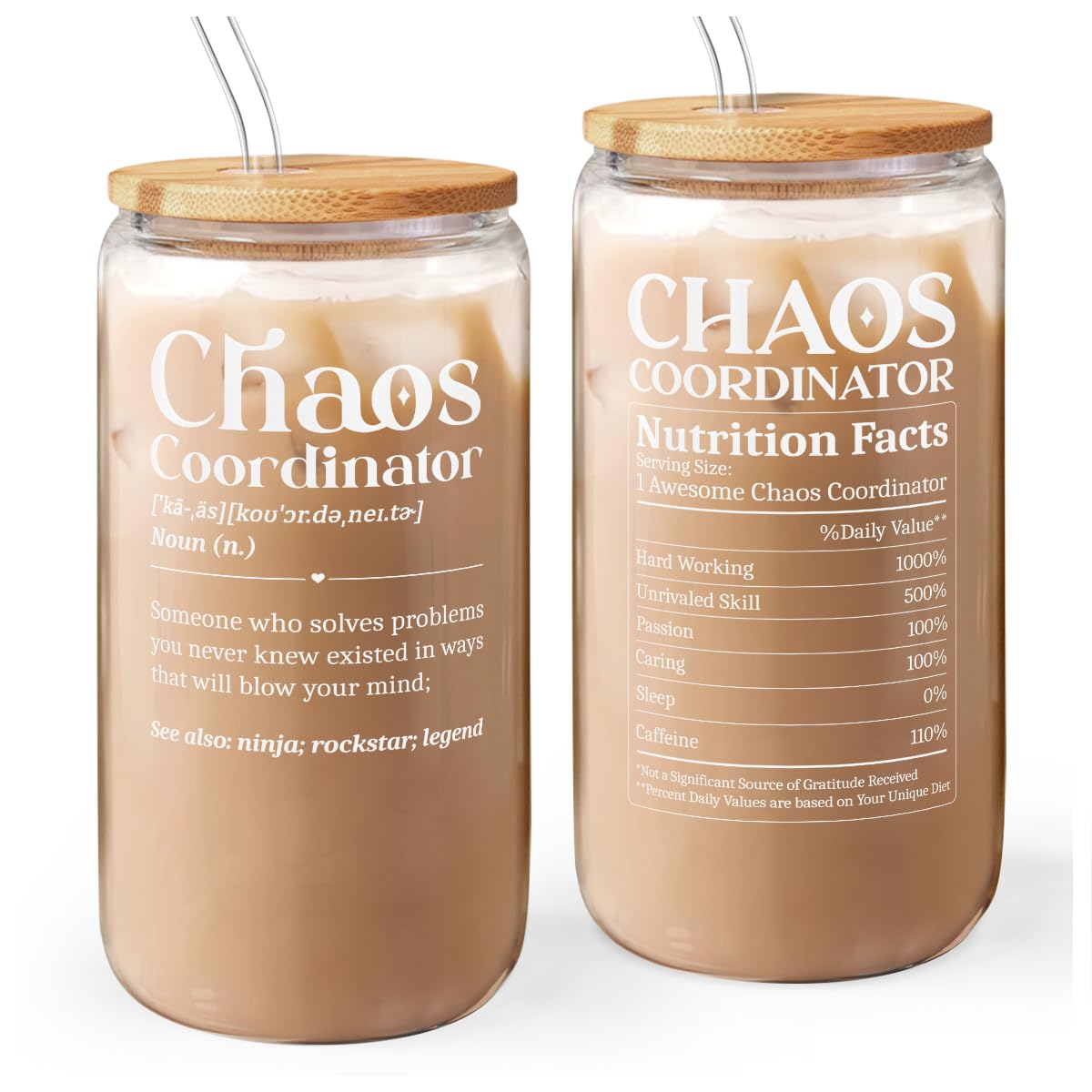 Chaos Coordinator 16oz Can Glass Tumbler with Bamboo Lid & Straw, Iced Coffee Cup for Female Coworker Friends Colleagues, Aesthe