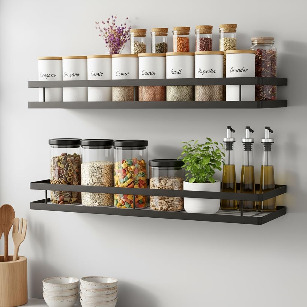 Tecwood Crafts Modern Kitchen Wall Shelves, Black Metal Spice Rack Set, Floating Storage Organizer For Pantry, Condiments, Jars,