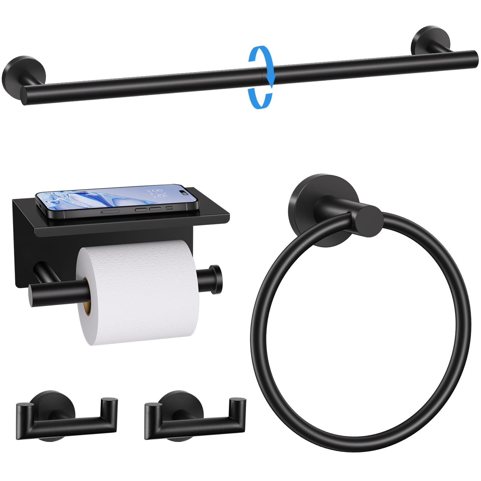 Tnoms 5 Pieces Towel Bar Set Matte Black Bathroom Hardware Set Upgraded Toilet Paper Holder With Shelf Towel Rail Set For Bathro