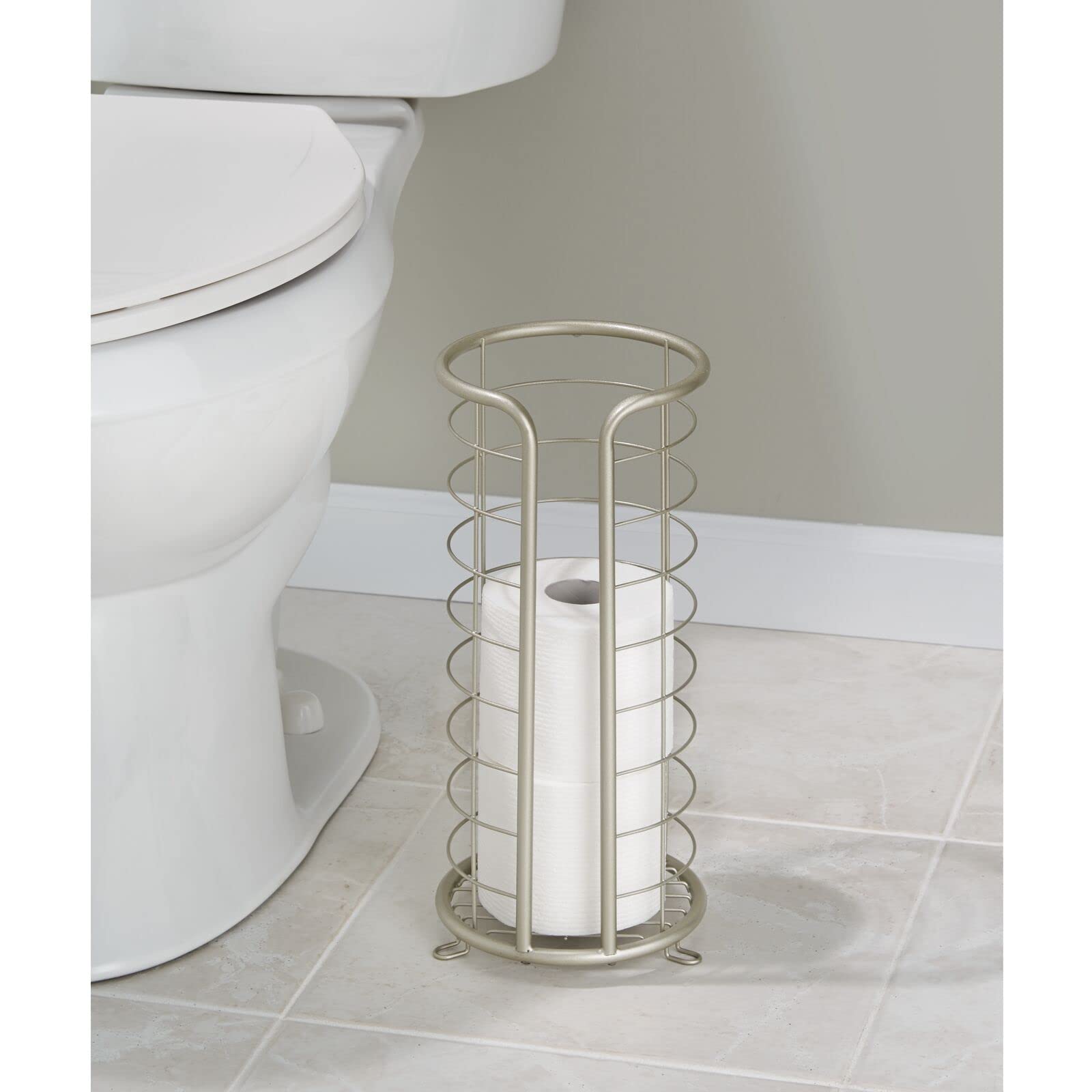 mDesign Metal Toilet Paper Holder Stand - Storage Reserve for 3 Rolls of Toilet Tissue - Freestanding Toilet Paper Holder - Stylish Bathroom Floor Toilet Paper Stand - Omni Collection - Satin