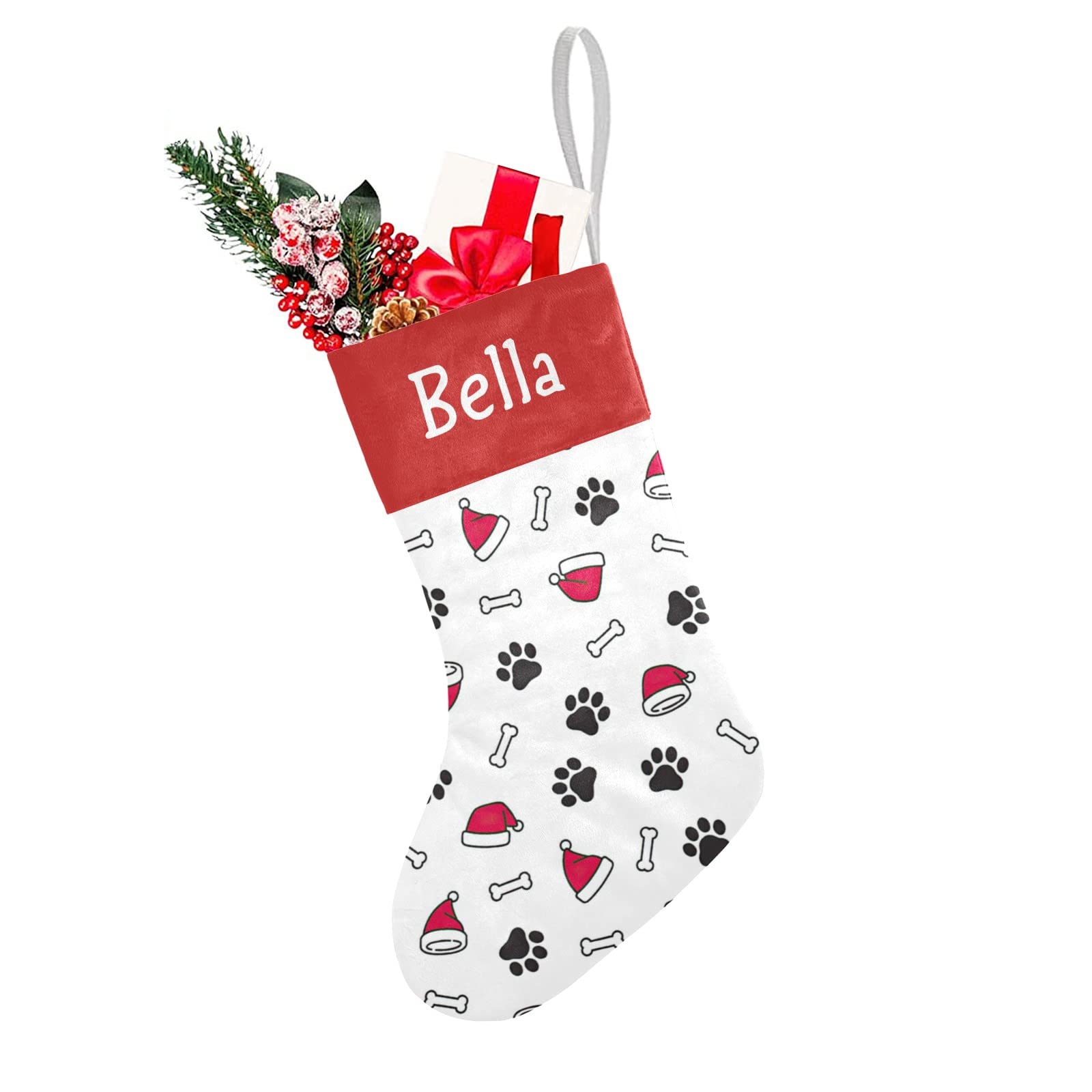Personalized Name Cute Puppy Paws Santa Hats Bones Christmas Stockings Text Custom Xmas Holiday Pup Dog Gift Decor 17.52 x 7.87