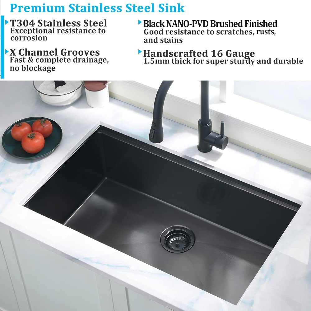 Boomhoze 32 Inch Black Undermount Kitchen Sink, 32X19 Undermount Workstation Kitchen Sink Single Bowl Black 16 Gauge Stainless S