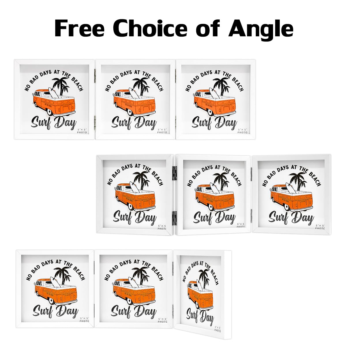 3 Picture Frame 5x5 White Triple Hinged MDF Wood with Glass Front Three Opening Photo Frame Stand Vertical on Tabletop