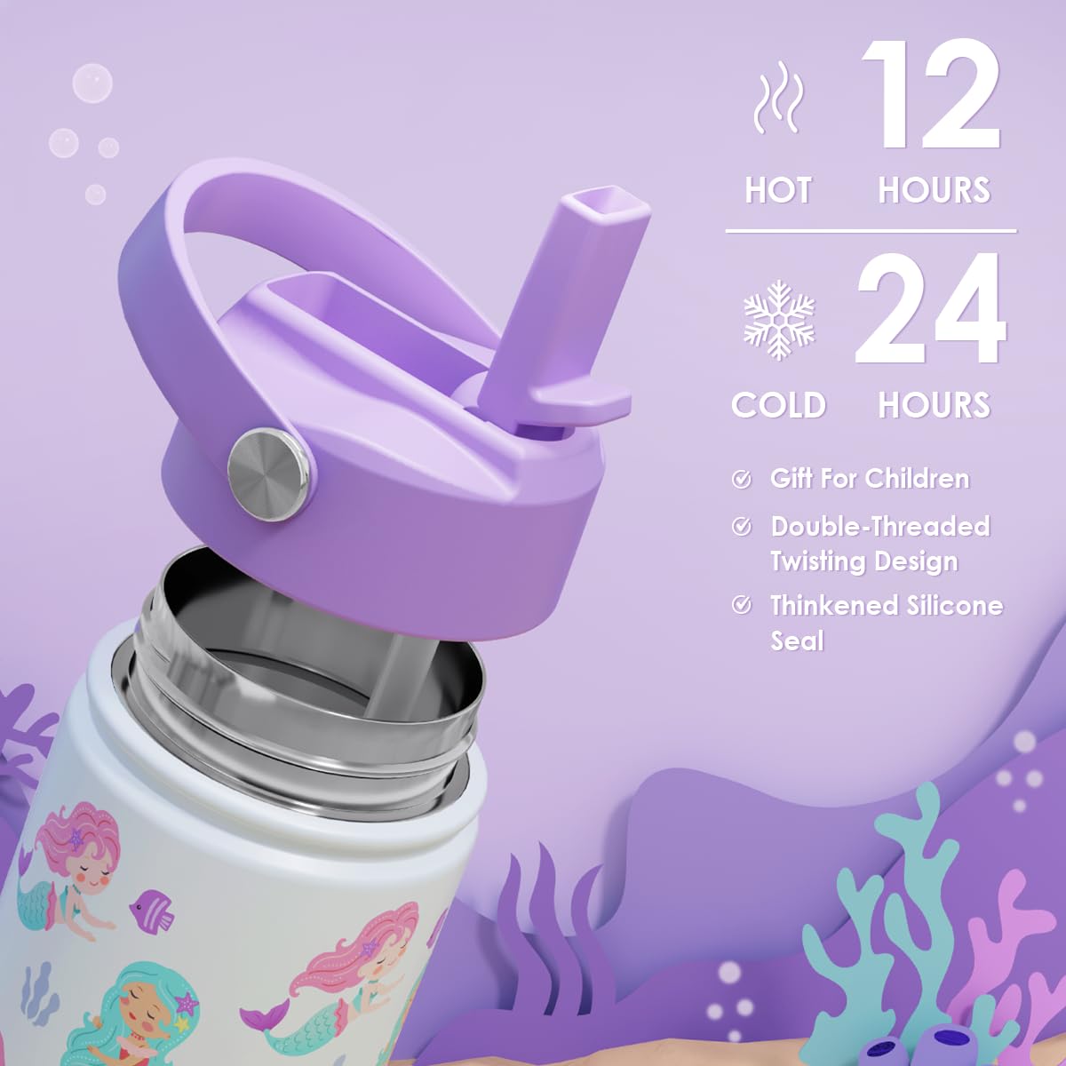 Mermaid Kids Water Bottle With Straw Lid 12oz Insulated Stainless Steel, Travel Tumbler, Gifts For Girls, Birthday, Christmas, B