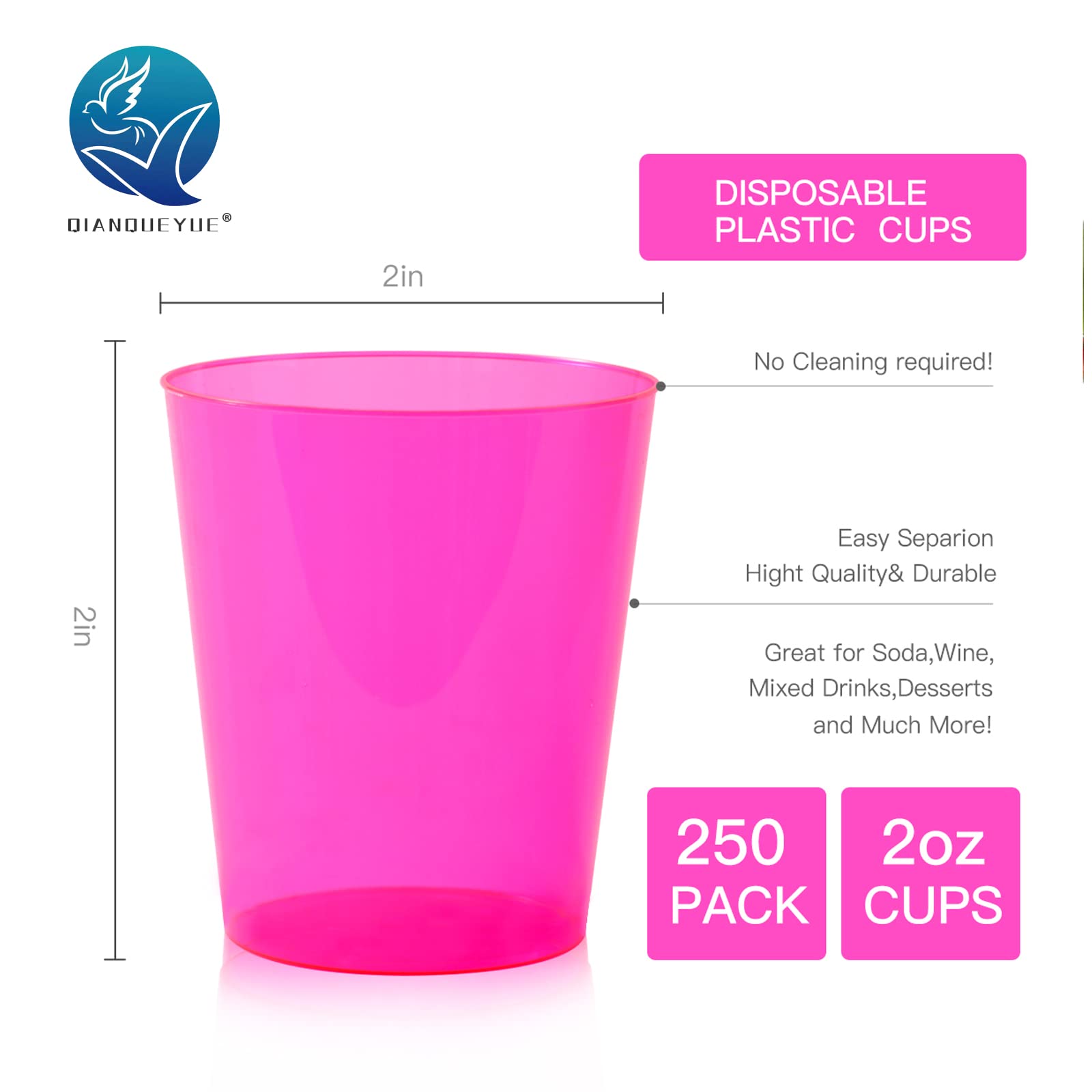 Qianqueyue 250 Pack Shot Glasses, 2Oz Disposable Clear Hard Plastic Cups(Multicolor),Jello Cups For Party,Iridescent Party Suppl