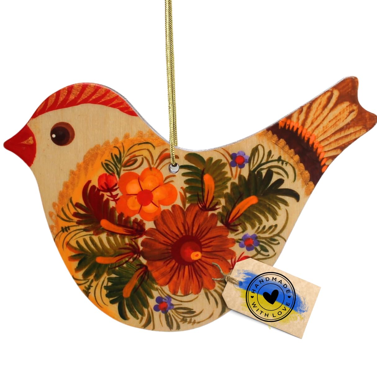 Bird Wooden Flat Ornament Ukrainian Hand Painted on Both Sides 4,3 x 3,3 x 0,2 inch. Christmas Tree and Easter Decoration Folk R