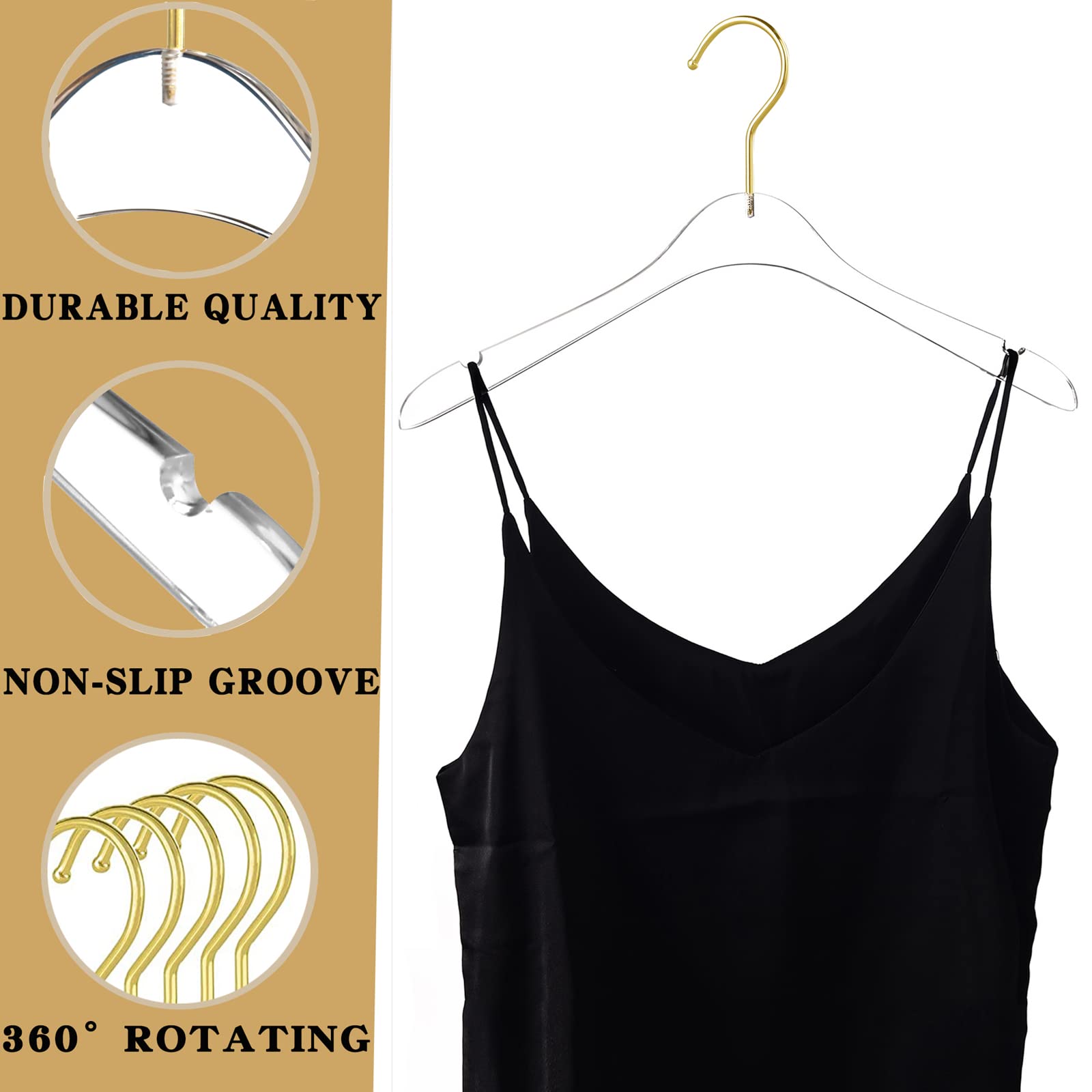 Besser 15 Pack Acrylic Hangers With Gold,Acrylic Clear Hangers,Premium Crystal Dress Hangers Swivel Gold Hook Luxurious Shiny Cl