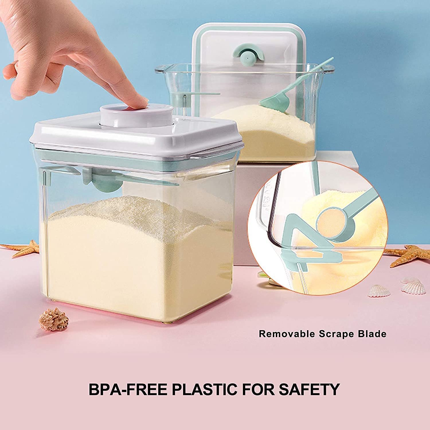 Cozey Daily Formula Dispenser Container With Scraper Pop Up Food Container Airtight 600G 1700Ml - Updated Design, Rectangle