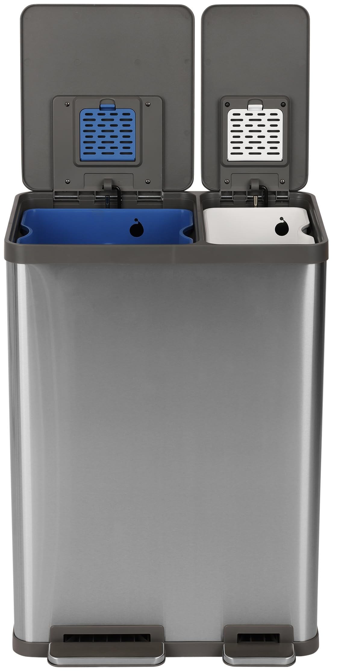 SIMPLI-Magic 16 Gallon (38L x 22L) Dual Compartment Step Trash Can - Kitchen Garbage Can with Waste & Recycling Bins - Slow-Clos