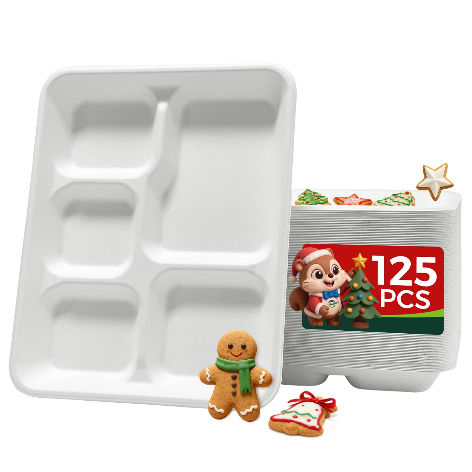 hooray mida 5-Compartment Disposable Paper Plates, 125-Pack 10.2x8.3x1 Inch School Lunch Trays 100% Leak-Proof Compartmentalized