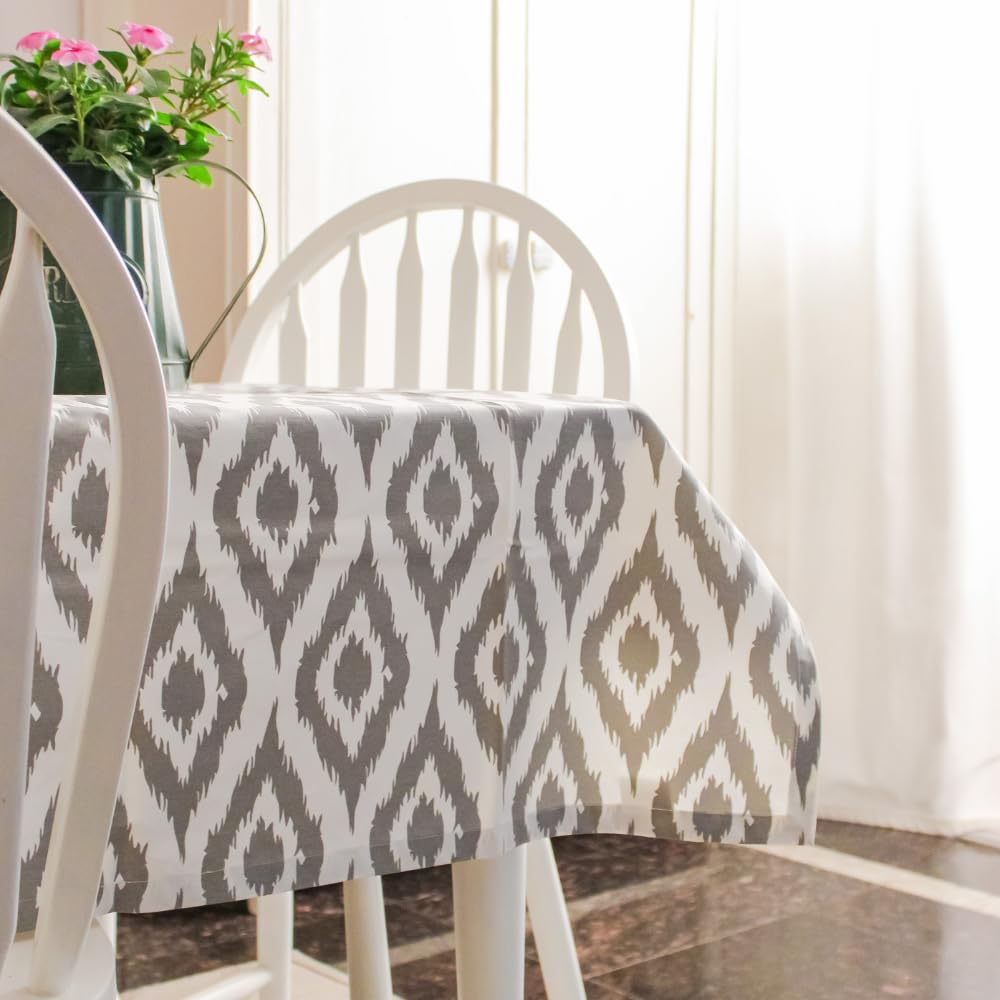 THE YARD HOUSE Wipeable & AntiSlip Cotton Table Cover  Grey Ikat Inspired, 4 Seater Square (150Cm) | Protects Against Spills &