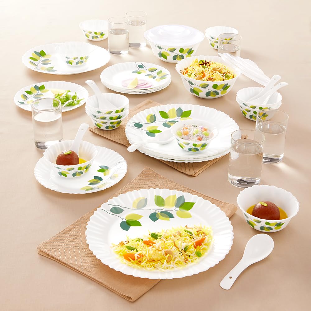Larah By Borosil Green Leaves Silk Series Opalware Dinner Set With Glasses, 40 Pcs For Family Of 6, Microwave & Dishwasher Safe,