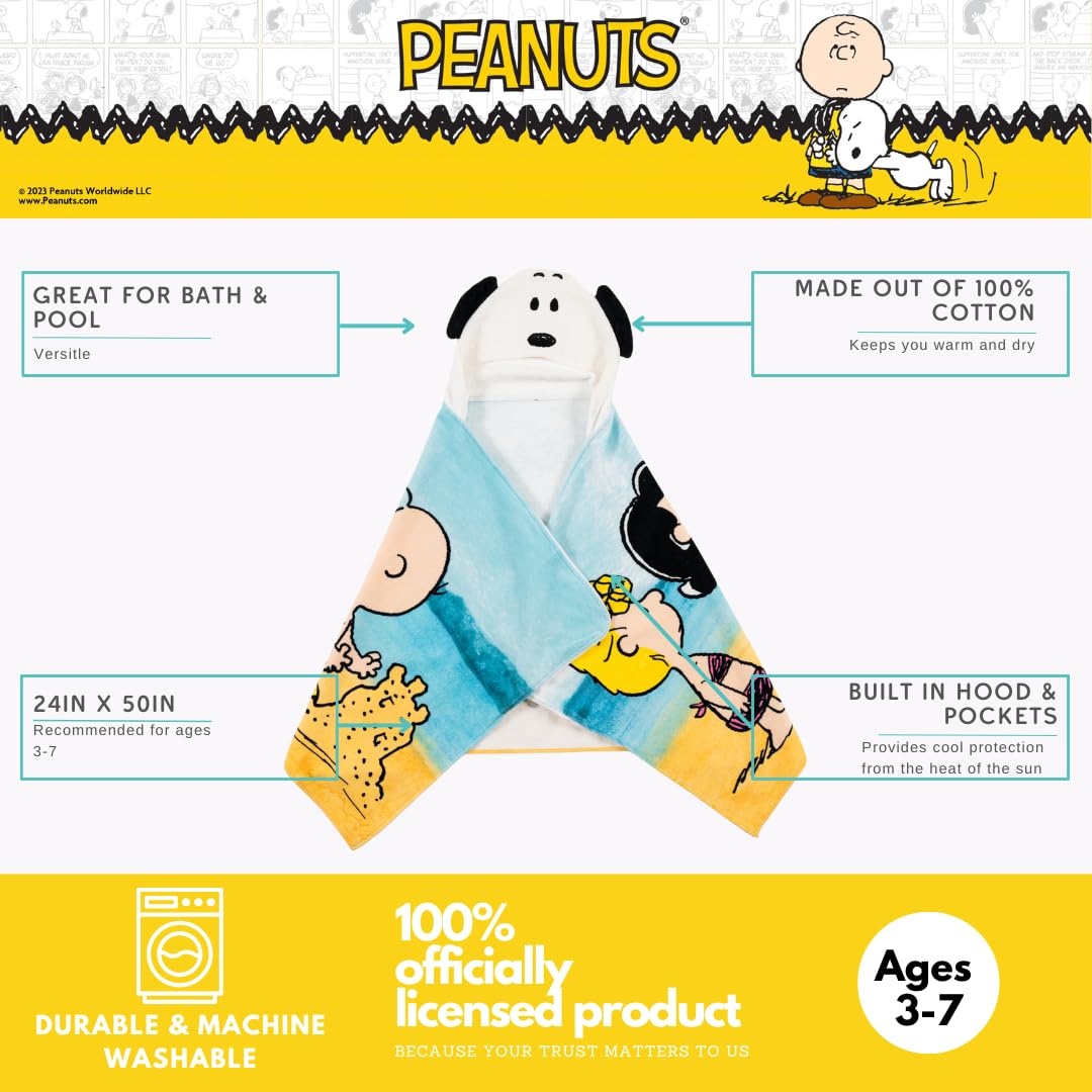 Franco Peanuts Snoopy Kids Super Soft Bath/Pool/Beach Soft Cotton Terry Hooded Towel Wrap, 24 In X 50 In, (Officially Licensed P