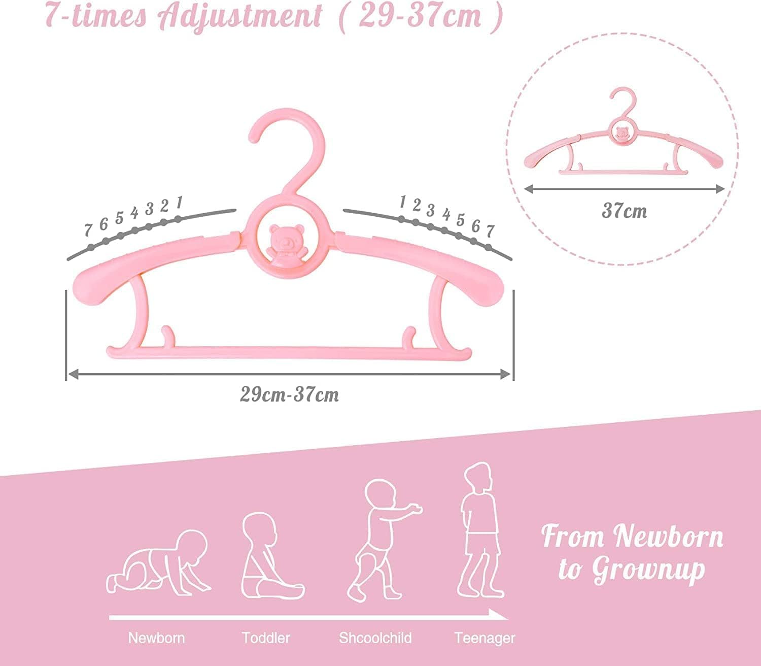 Hgyze Kid Hangers For Closet 50Pcs, Pink Baby Clothes Hanger Plastic, 11-14'' Adjustable Bulk Perchas For Newborn, Non-Slip Chil