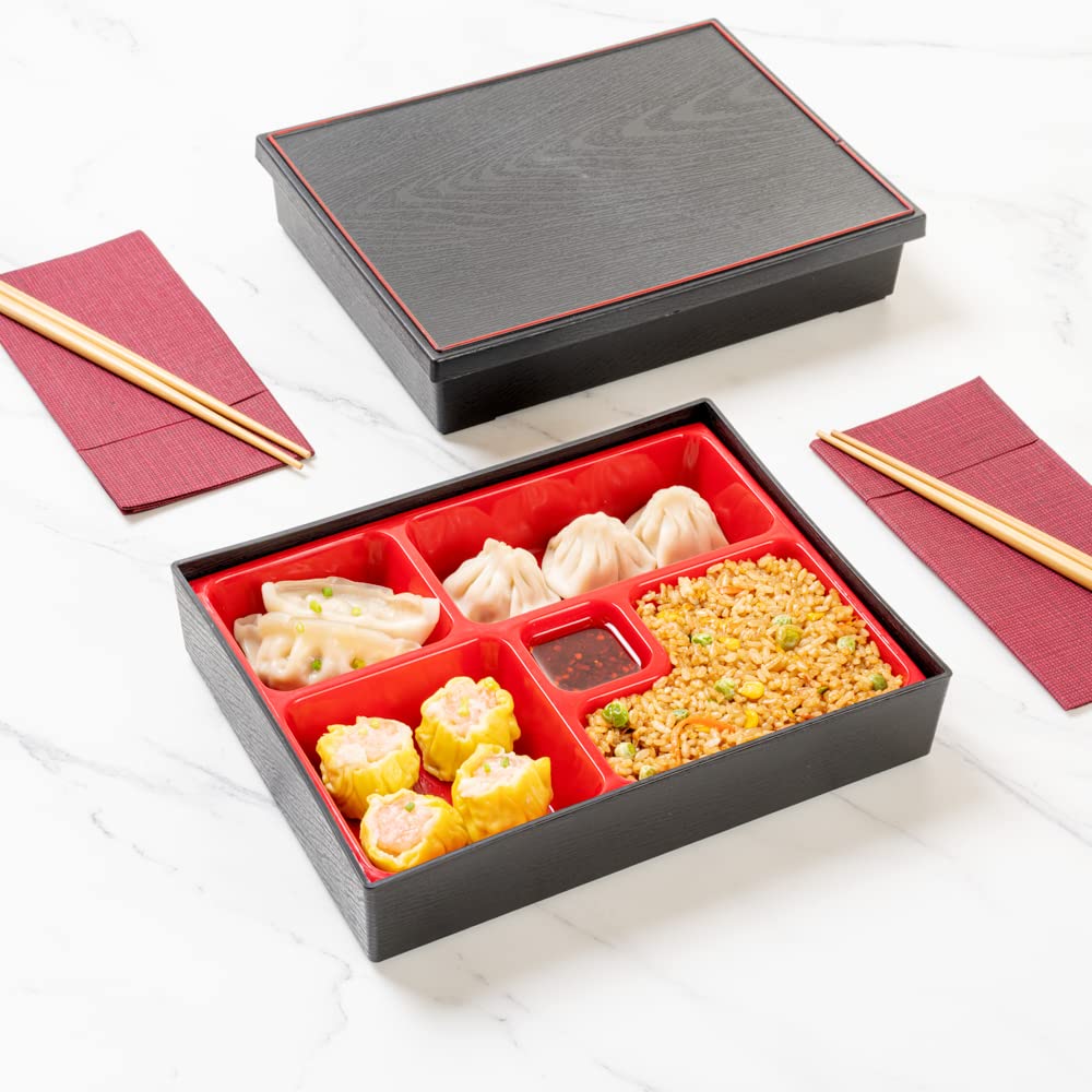 Restaurantware Bento Tek Rectangle Black & Red Small Japanese Style Bento Box - 5 Compartments - 10 3/4'' X 8 1/4'' X 2 1/4'' -