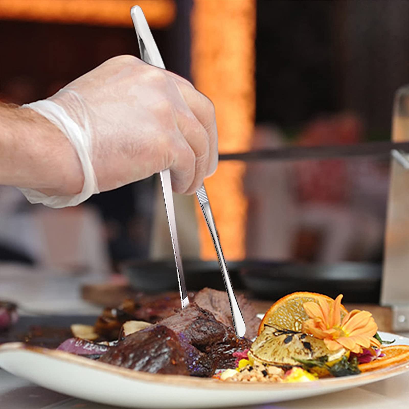 12-Inch Professional Kitchen & Cooking Tweezers Tongs - Stainless Steel Long Tweezer Tongs - Black Coated - Bbq,Plating,Multi-Us