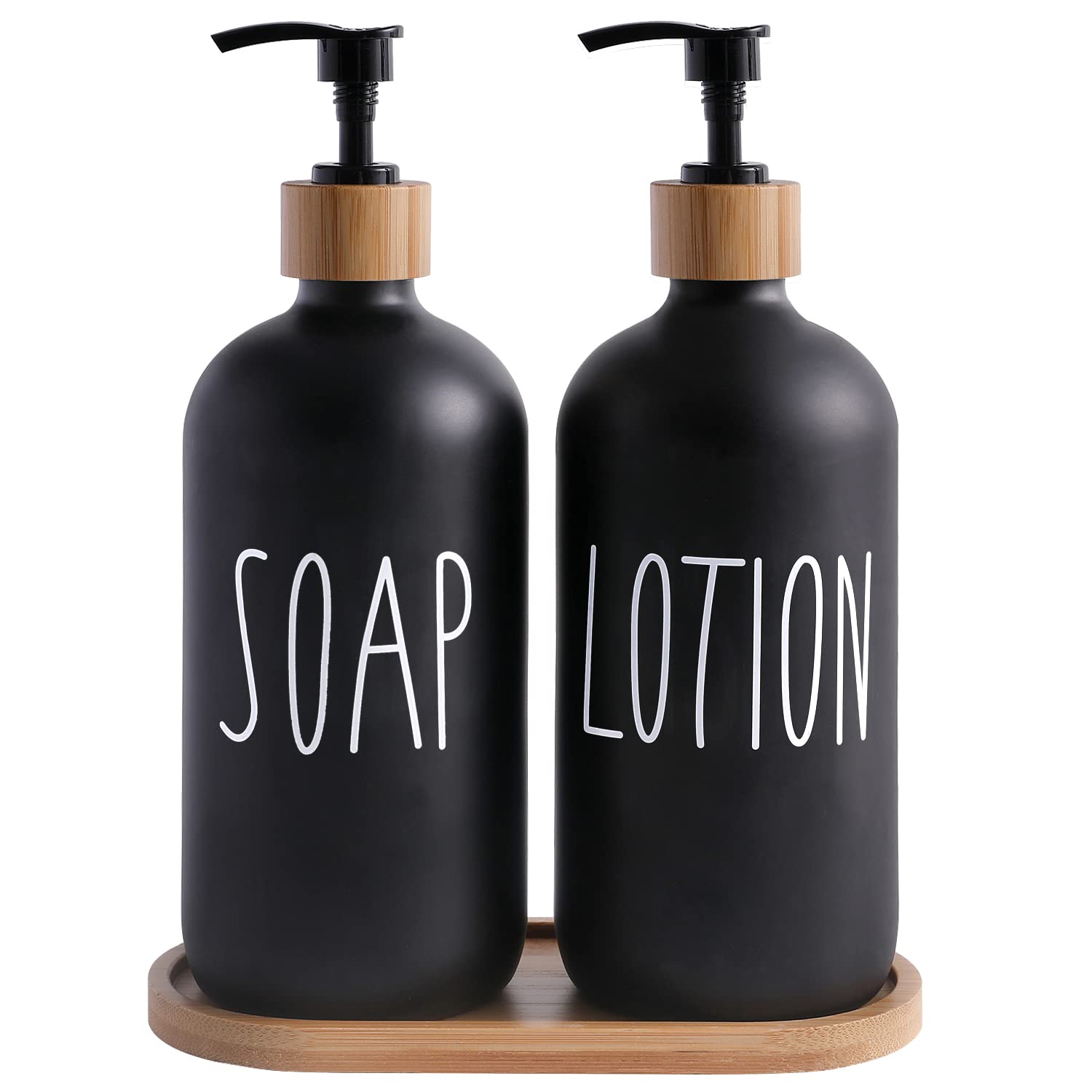 Momeemo Black Soap Dispenser Bathroom Set, Set With Glass Dispenser, Bamboo Pumps & Tray. Hand And Lotion Suitable For Farmhouse