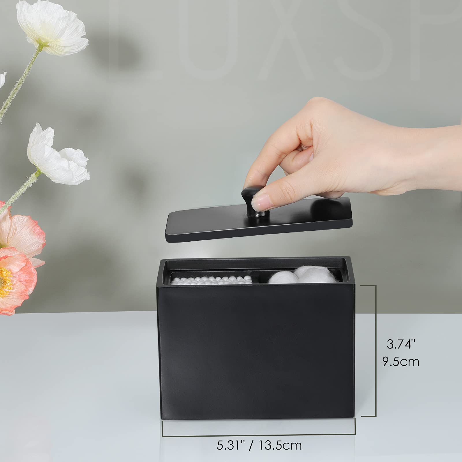 Luxspire Cotton Swab Holder  Qtip Holder Dispenser with Lid  2 Compartments Cotton Ball Holder  Bathroom Container for Cotton Round  Q Tip Jar  Floss  Bathroom Accessories - Matte Black