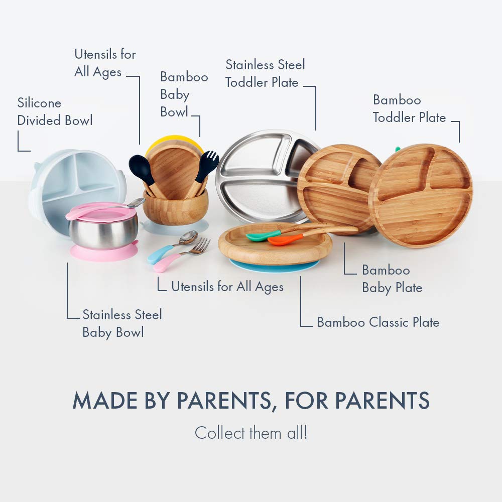 Avanchy Baby Spoons 5 Bamboo and Silicone Set  Self Feeding Food Utensils  4 Months Baby Led Weaning  5 Pack W/Blue