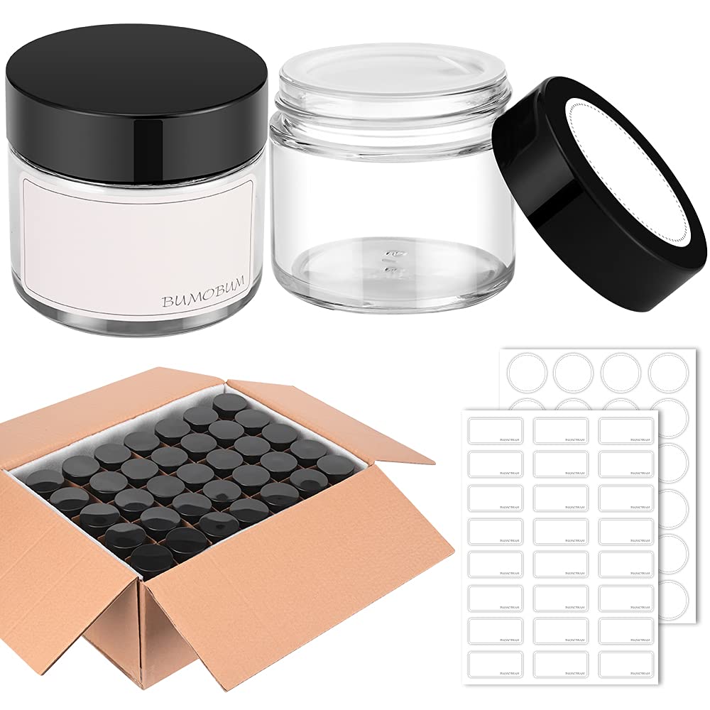 2 Oz Round Clear Glass Jars, Bumobum 70 Pack Cream Jars With Black Lids, Black And White Labels & Inner Liners, Empty Cosmetic C