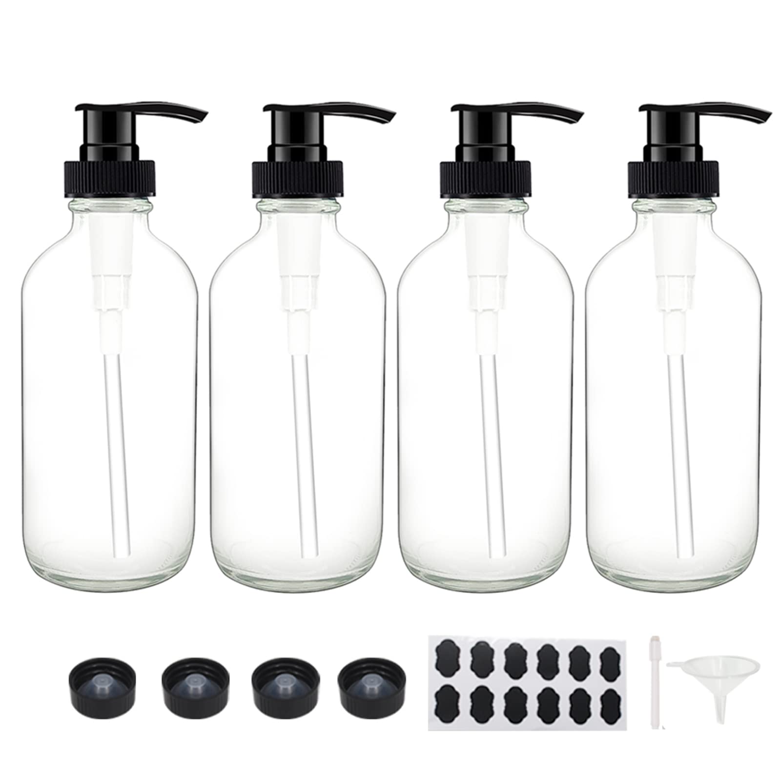 Bpfy 4 Pack 8 Oz Clear Glass Pump Bottles, Boston Round Bottles With Pumps For Lotion, Soap, Lotions, Massage Oils, Refillable C