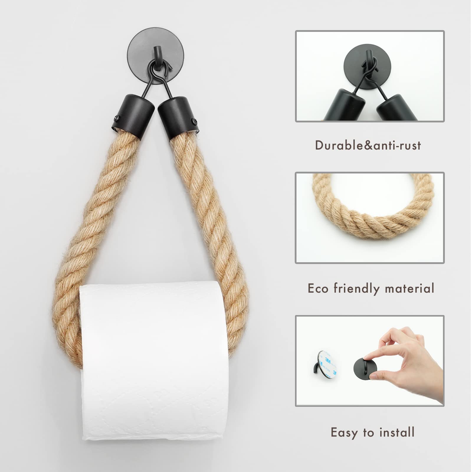 Wonqexz Hand Towel Holder,Toilet Roll Holder,Self Adhesive Toilet Paper Holder Wall Mount - Nautical Rope Tissue Holder - No Dri