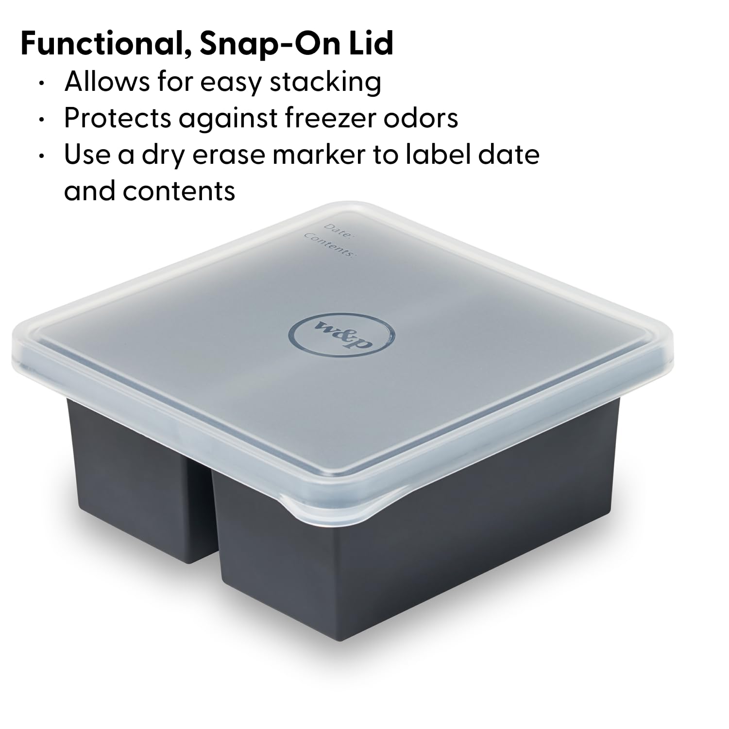 W&P Cup Cubes Silicone Freezer Tray With Lid, Charcoal, Makes 2 Perfect 2-Cup Portions, Freeze & Store Soup, Broth, Sauce, Lefto