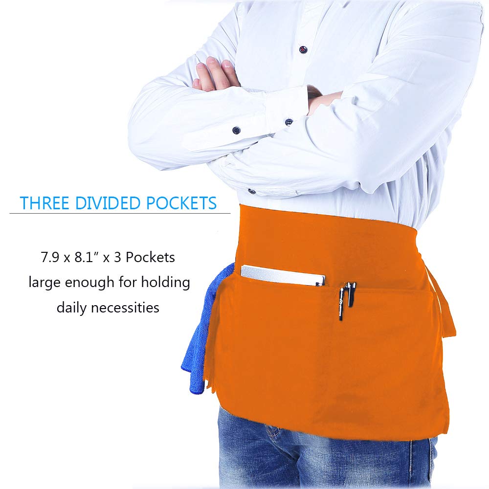 BOHARERS Waist Apron with 3 Pockets - Orange Waitress Waiter Server Short Apron
