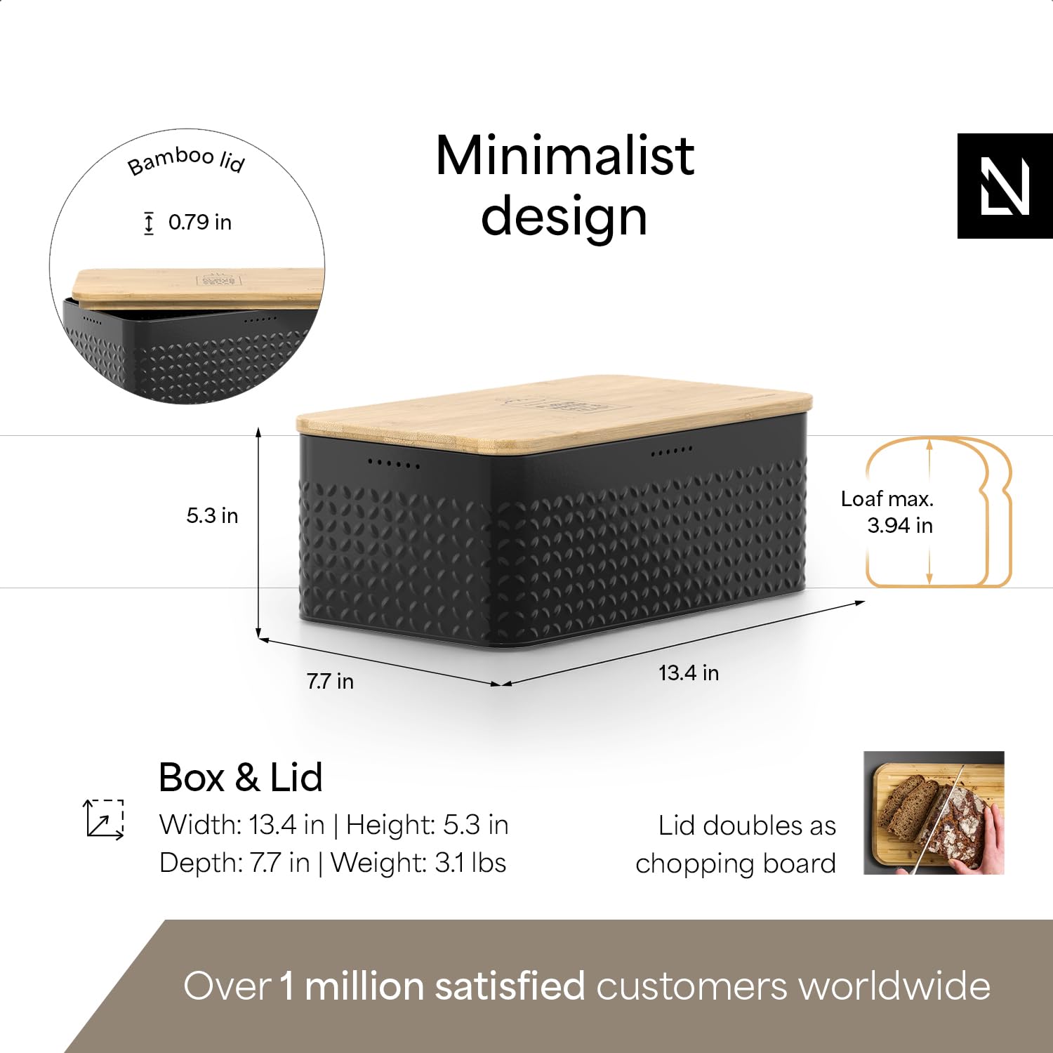 LARS NYSØM Bread Box - Metal with Bamboo Cutting Board Lid, 13.4x7.3x5.3In, Carbon Black, Long-lasting Freshness