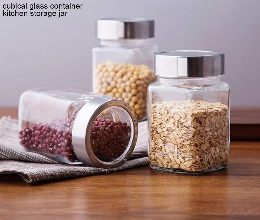 Brezzycloud Piraml Glass Cubical Square 300ml Transparent Glass Jars & Containers for Kitchen Pantry, Snacks, Jams, Pickles, Coo