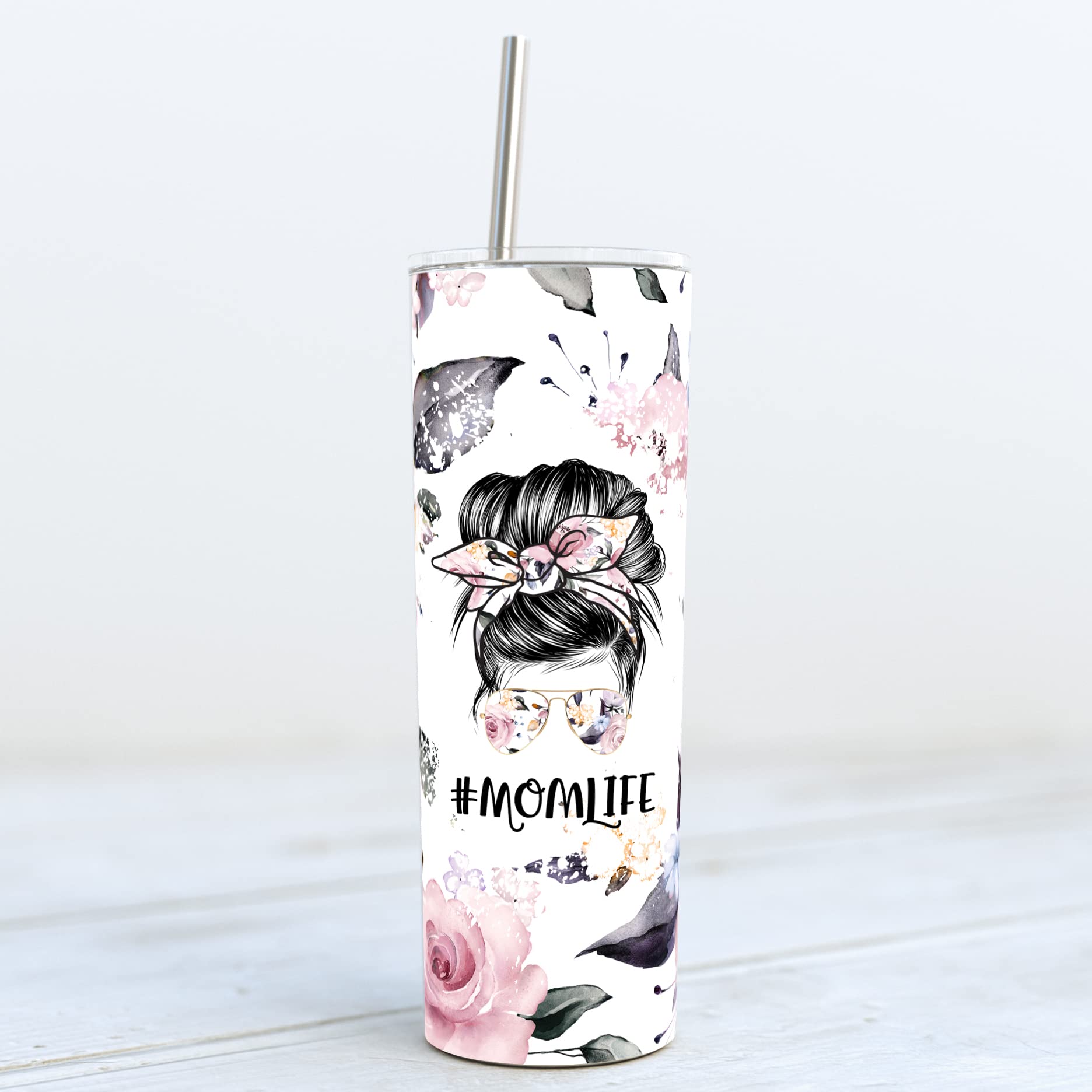 Younique Designs Floral Mama Coffee Tumbler With Straw And Lid, 20 Oz, Insulated Stainless Steel Skinny Tumbler For Women, Flowe