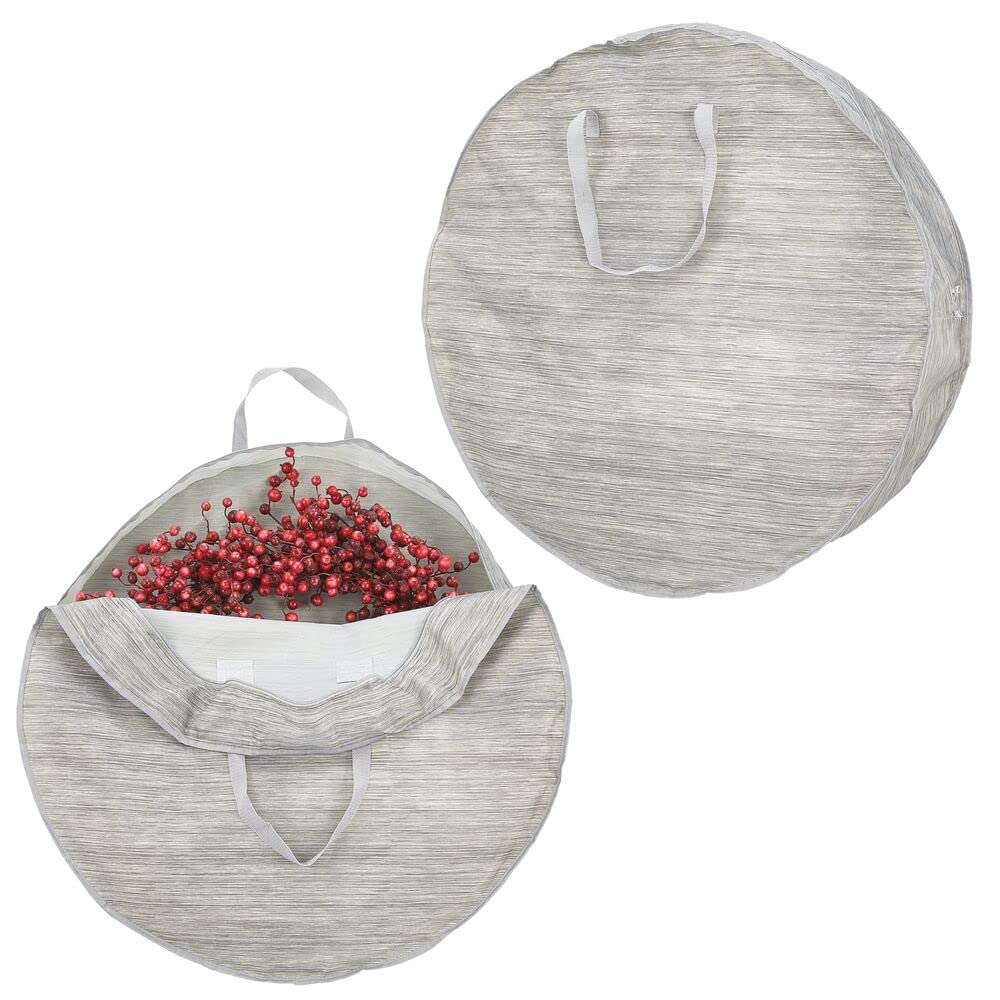 Mdesign Round 30'' Wreath Storage Container With Handles - Fabric Christmas Wreath Storage Bag And Protector - Garland Storage B