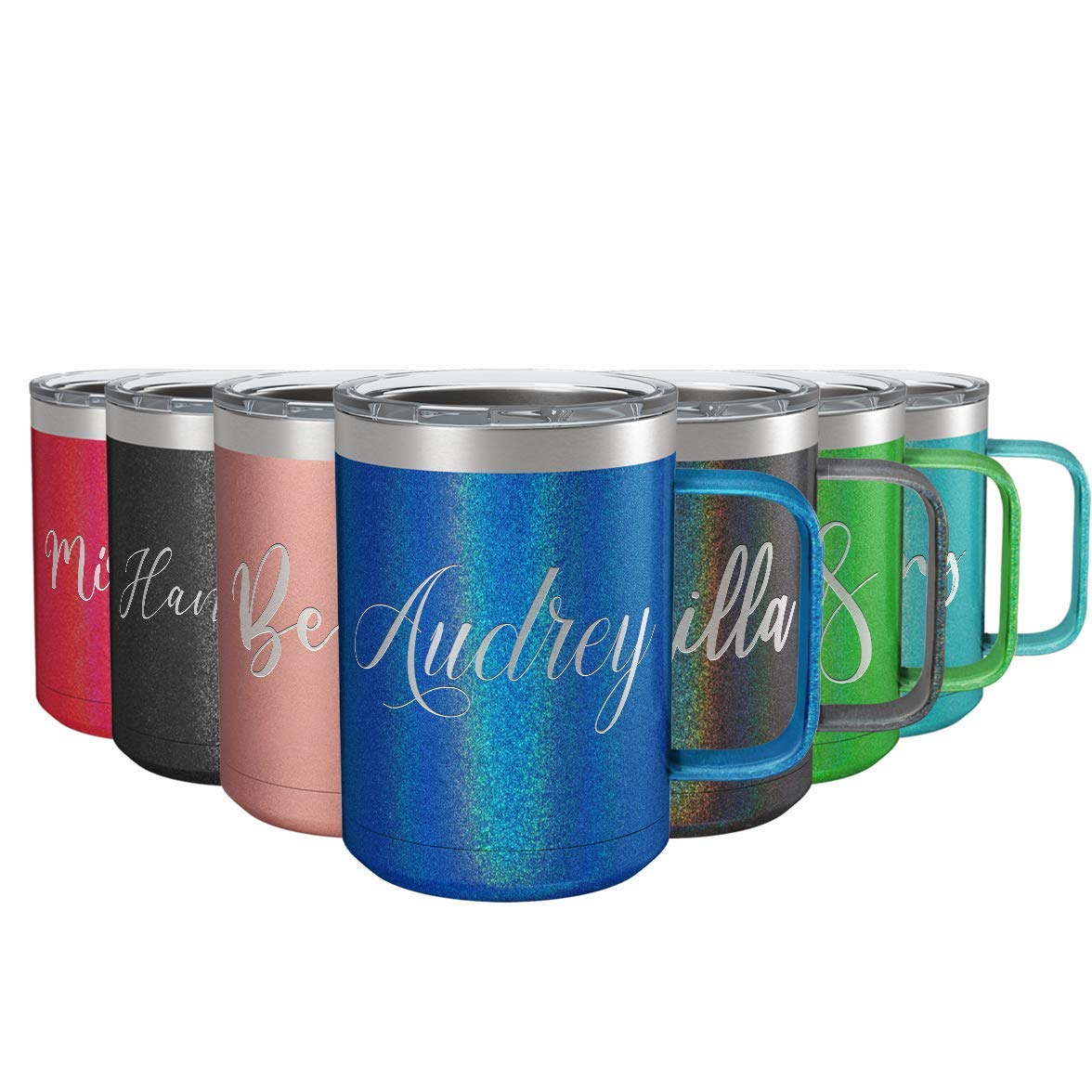 Personalized Coffee Mug Blue Glitter 15 Oz With Lid And Handle Custom Engraved Gift Stainless Steel Vacuum Insulated Cup