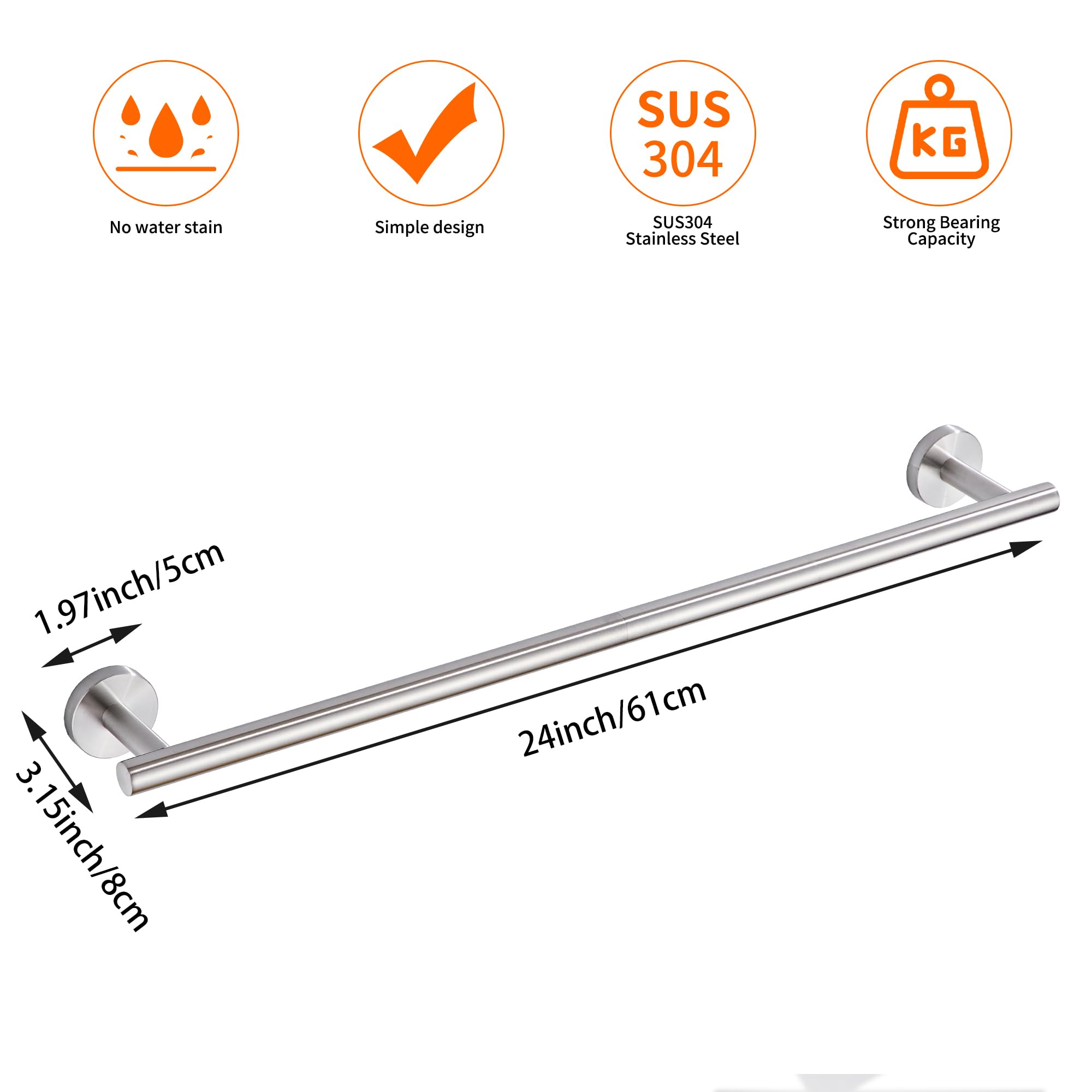 Bath Towel Bar, 24 Inch 304 Stainless Steel Thicken Towel Holder For Bathroom Wall, Towel Holder Brushed Nickel Finished Wall Mo