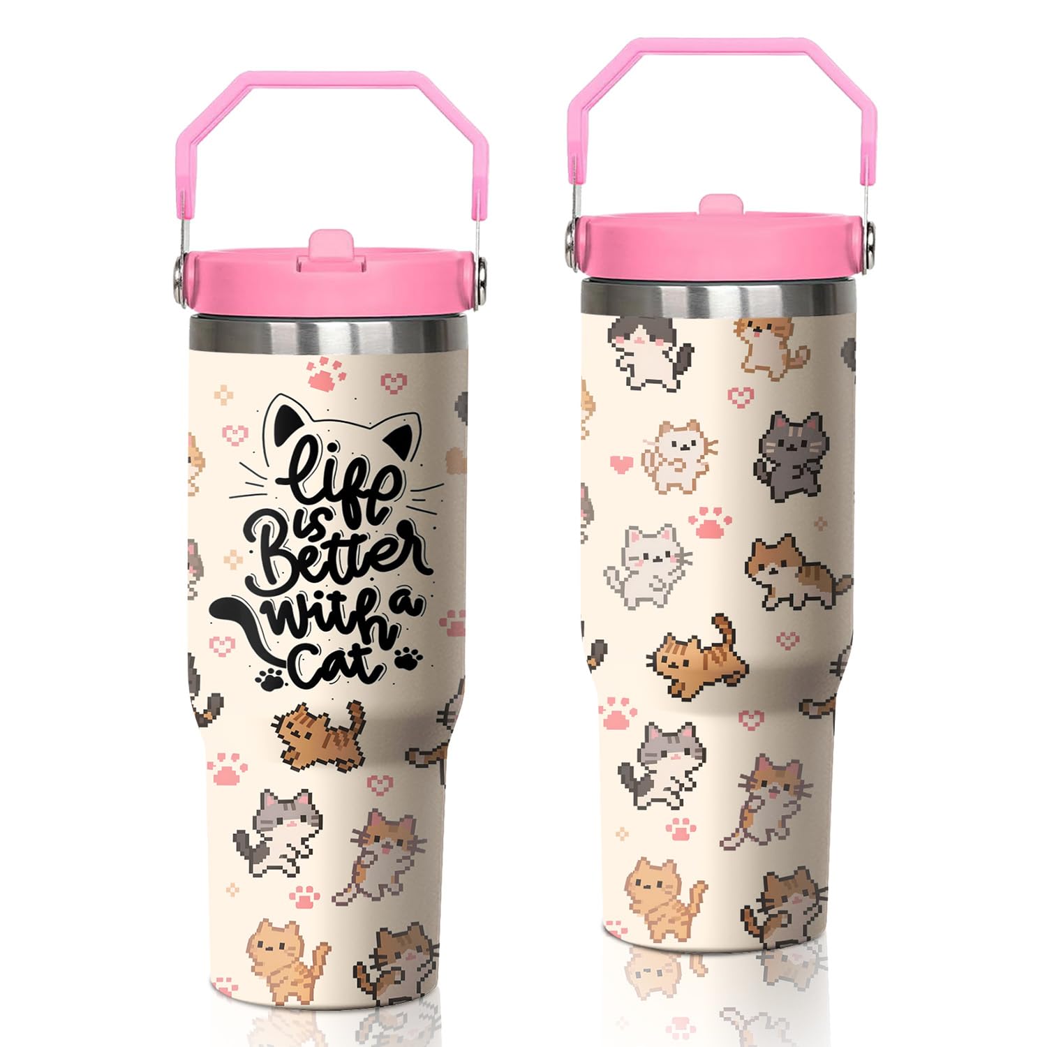Xchearser Cat Tumbler with Handle and Flip Straw, 30oz Cute Pink Travel Coffee Mug Water Bottle with Lid, Stainless Steel Insula