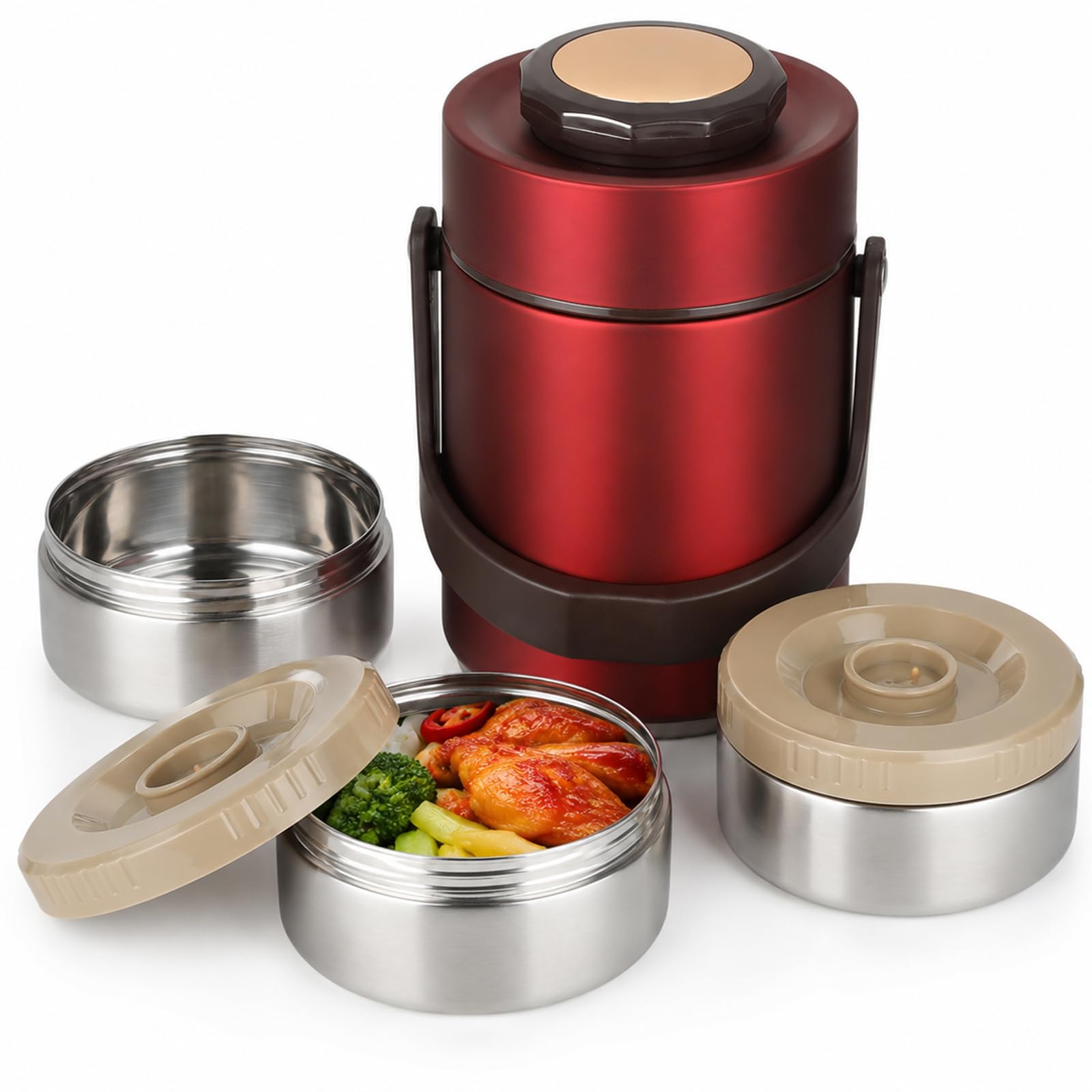 COSYOO 67 oz Vacuum Insulated Lunch Container for Hot Food, Stainless Steel Thermal Food Jar with 3 Stackable Containers, Leakpr