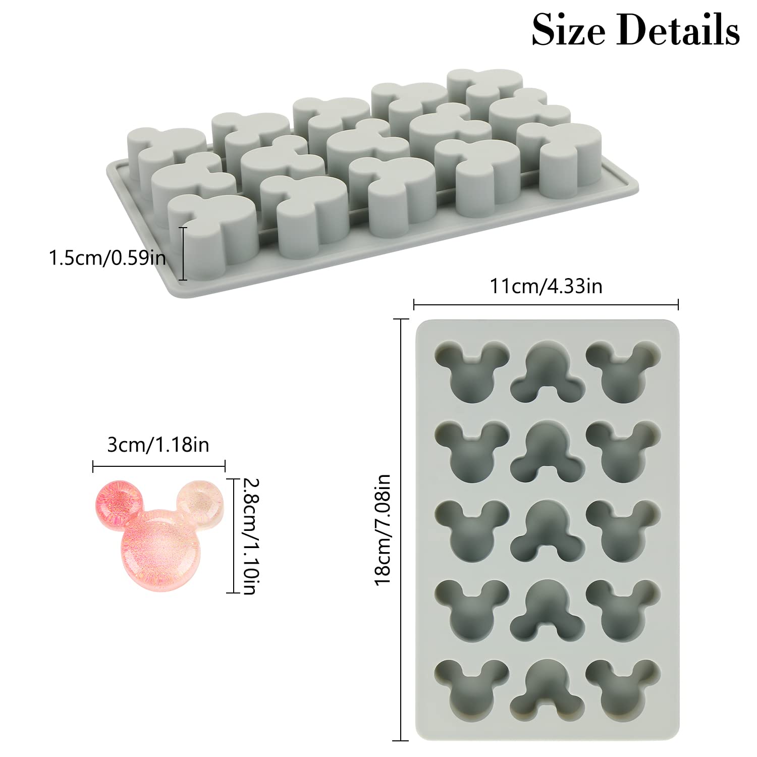 Liyde Gummy Mouse Silicone Molds, 15 Cavity Non-Stick Mouse Head Silicone Molds For Ice Cube Diy Gummies Chocolate Candy Grey