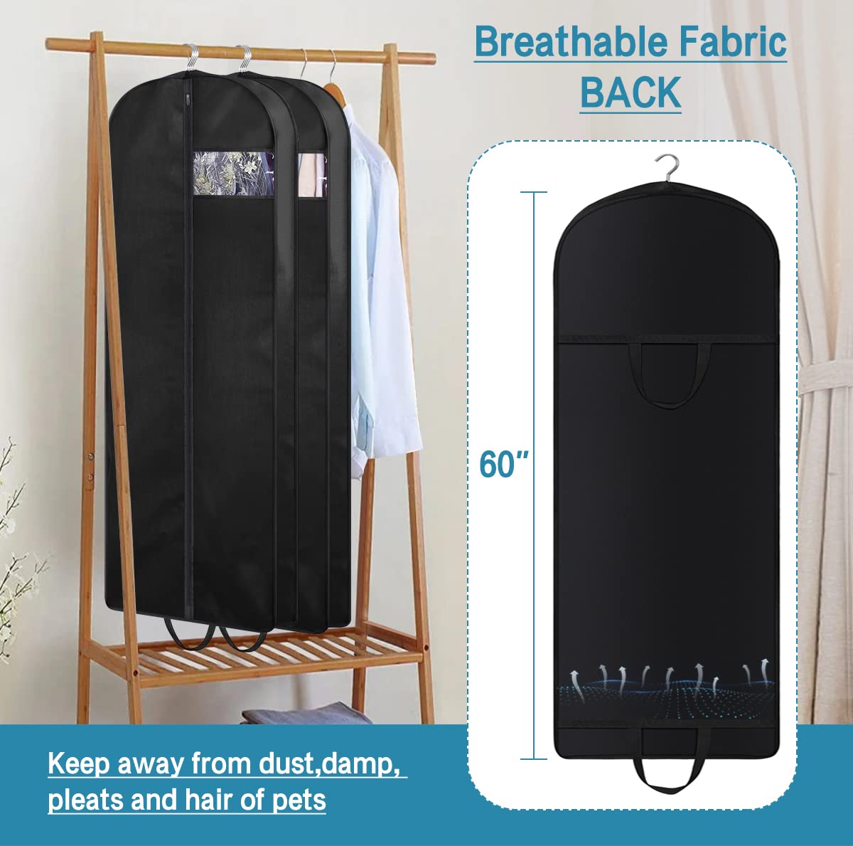 KIMBORA 60'' Dress Garment Bags for Hanging Clothes Travel  Gusseted Garment Bags for Closet Storage with Handles for Long Gowns  Coats(3 Packs)