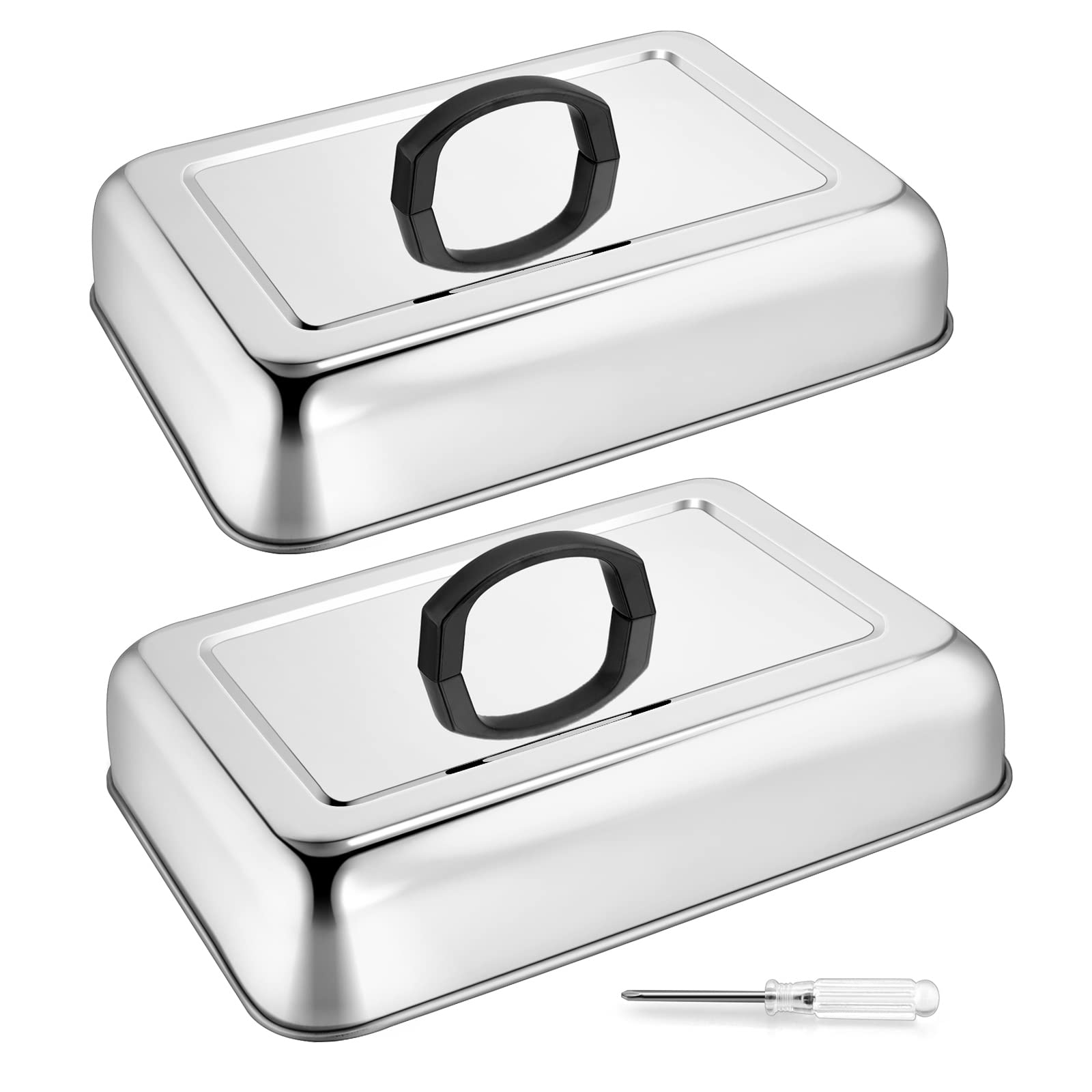2Pcs Rectangular Basting Cover, Hasteel Stainless Steel Cheese Melting Dome Steaming Cover Lid, Heavy Duty Griddle Grill Accesso