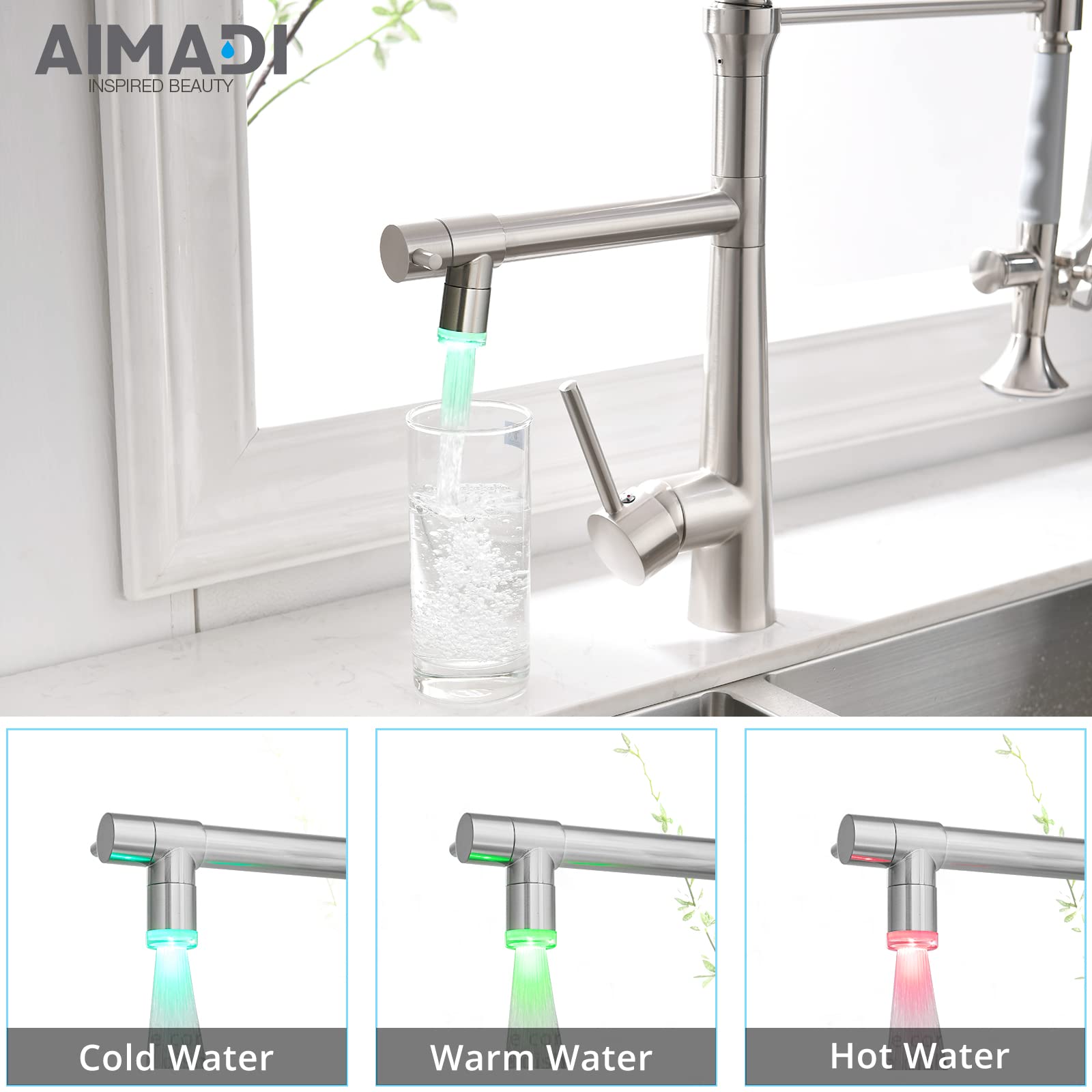 AIMADI Commercial Kitchen Faucet AM110-33N, Single Handle, Stainless Steel Brushed Nickel, with LED Light and Sprayer
