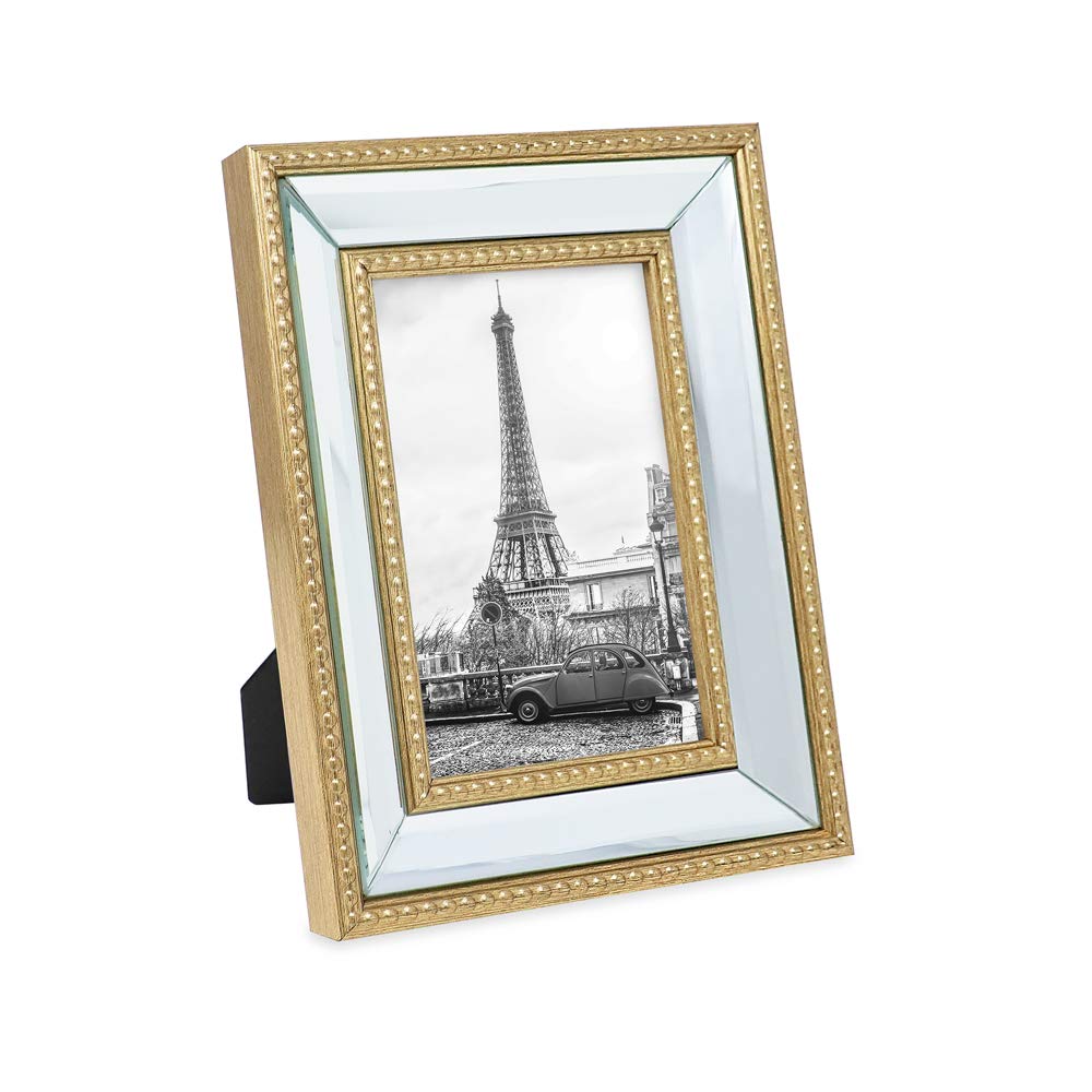 Isaac Jacobs 4x6 Gold Mirror Bead Picture Frame - Classic Mirrored Frame with Dotted Border Made for Wall Display, Tabletop, Pho