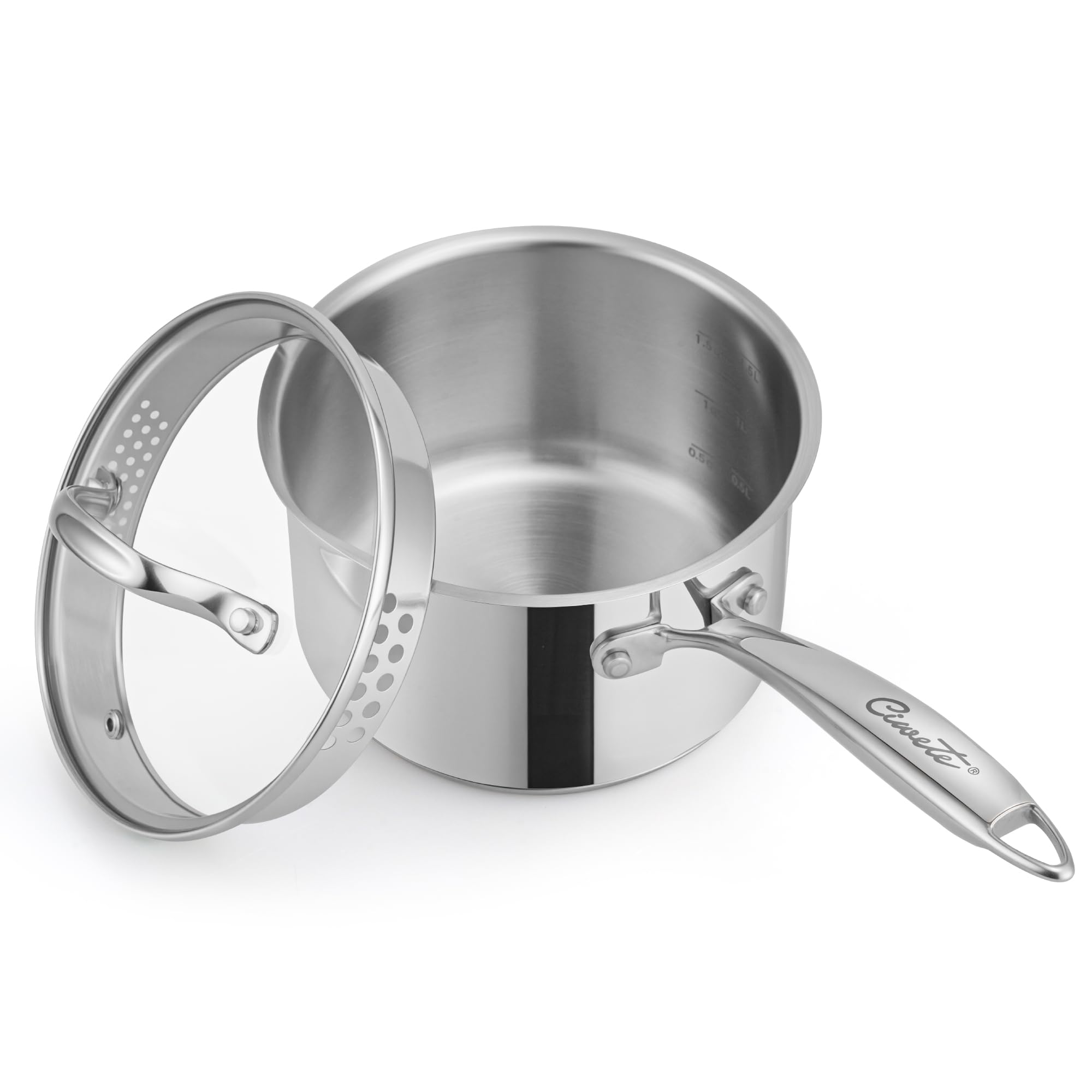 Ciwete 2 Qt Stainless Steel Saucepan with Glass Strainer Lid, 2 Quart Pot Stainless Steel Sauce Pan with Pour Spout, Mirror Poli